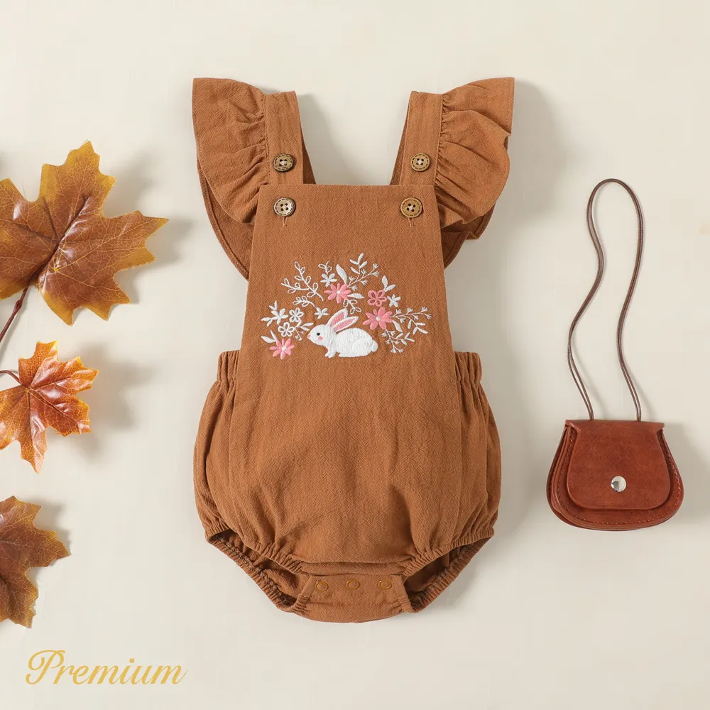 Baby Girl 100% Cotton Rabbit & Floral Embroidered Ruffle Trim Romper big image 3