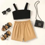 2pcs Kid Girl Cotton Black Ribbed Camisole and Pocket Design Shorts Set  image 2