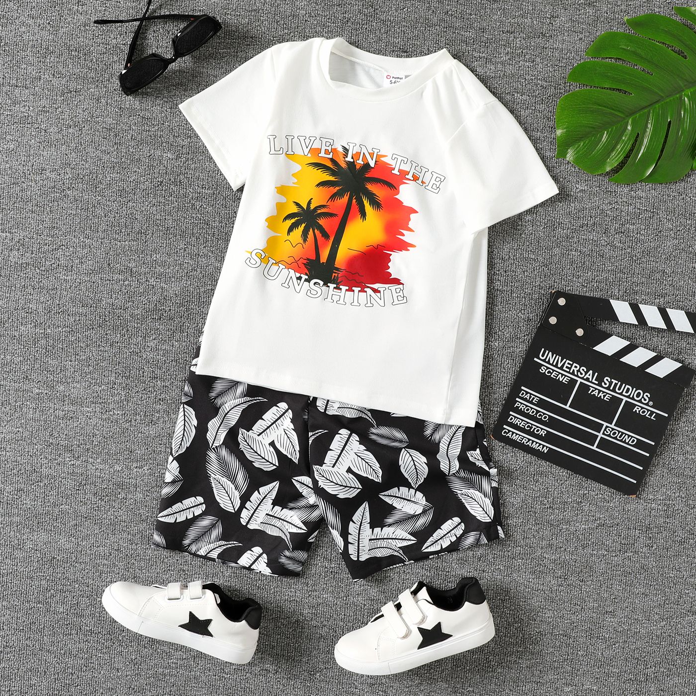

2pcs Kid Boy Plant Print Short-sleeve Tee and Shorts Set