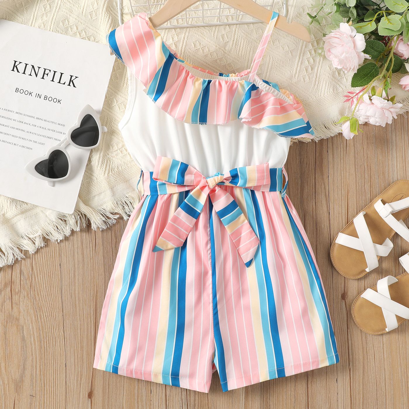 

Kid Girl Stripe Panel Ruffled Sleeveless Belted Romper