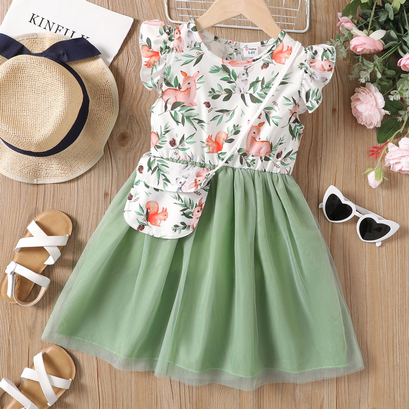 

2Pcs Kid Girl Floral Panel Ruffle-sleeve Mesh Dress with Crossbody Bag