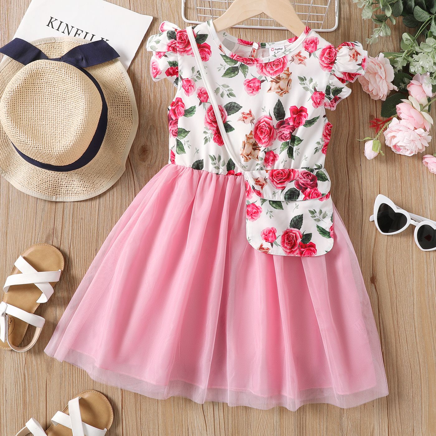 

2Pcs Kid Girl Floral Panel Ruffle-sleeve Mesh Dress with Crossbody Bag