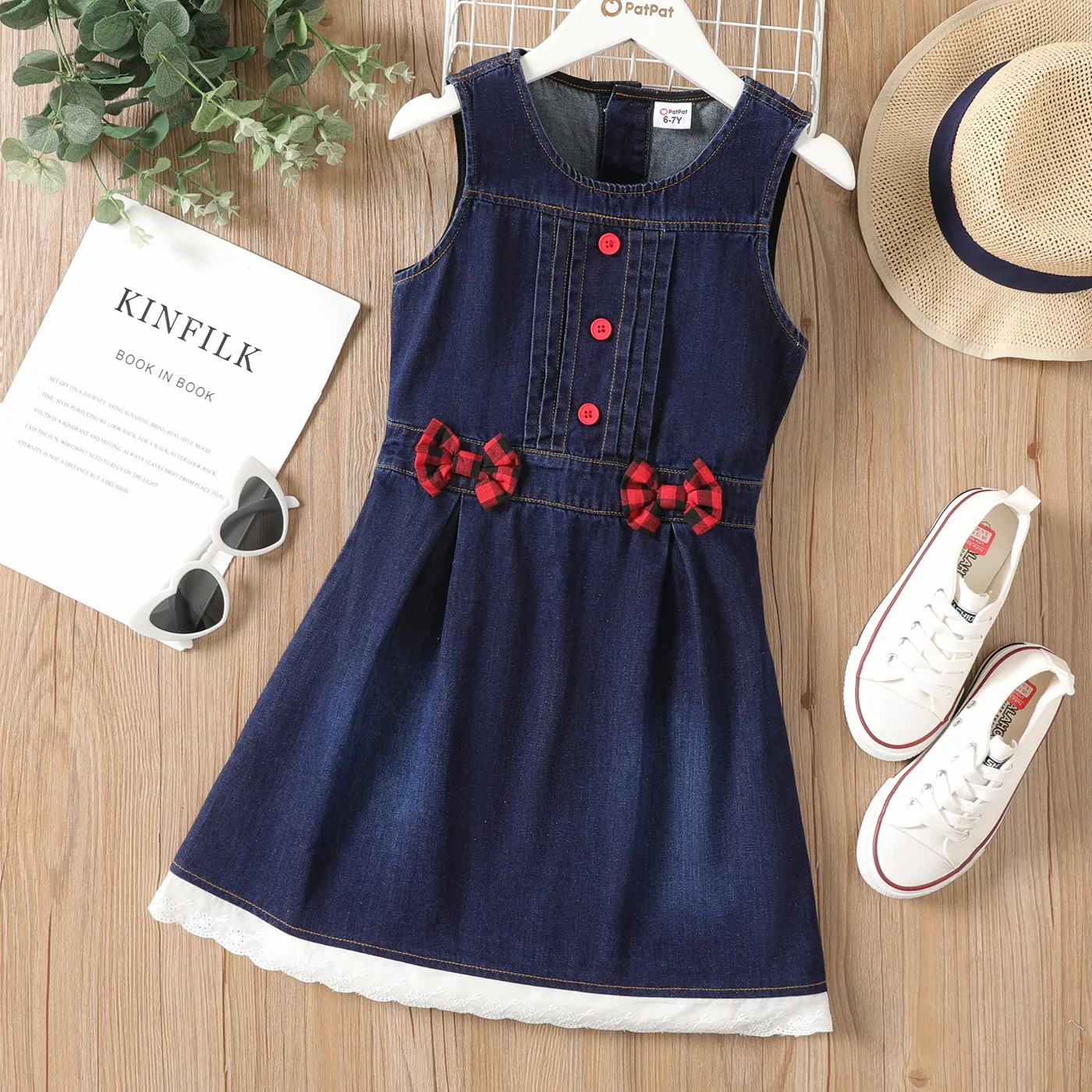 Kid Girl Plaid Bow Decor Lace Trim Belted Denim Tank Dress