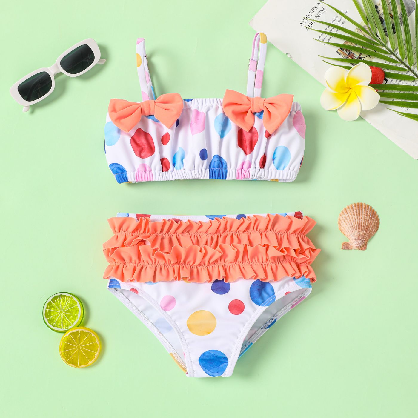 2pcs Toddler Girl Polka Dots Bowknot Design Ruffled Swimsuit