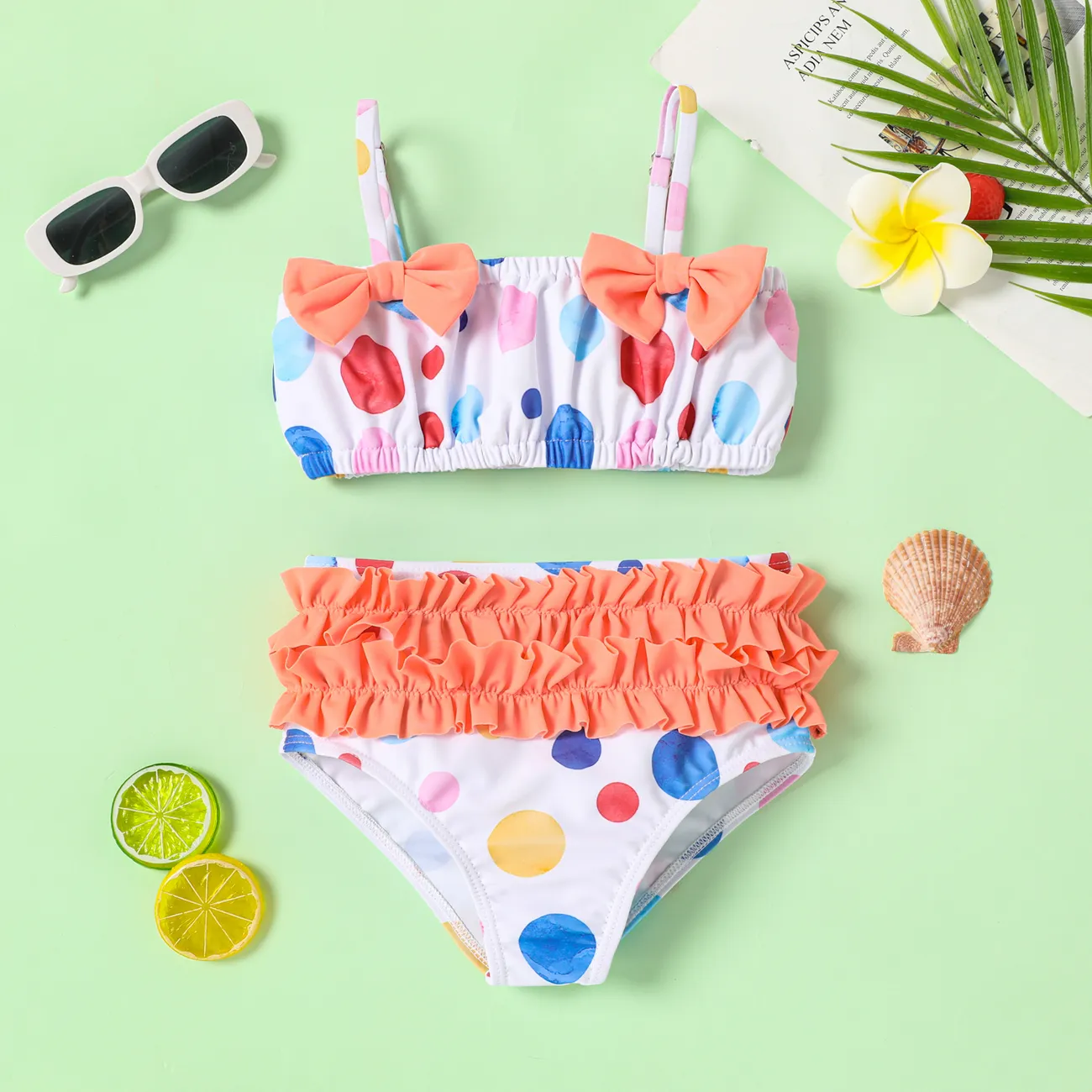 2pcs Toddler Girl Polka dots Bowknot Design Ruffled Swimsuit  big image 1