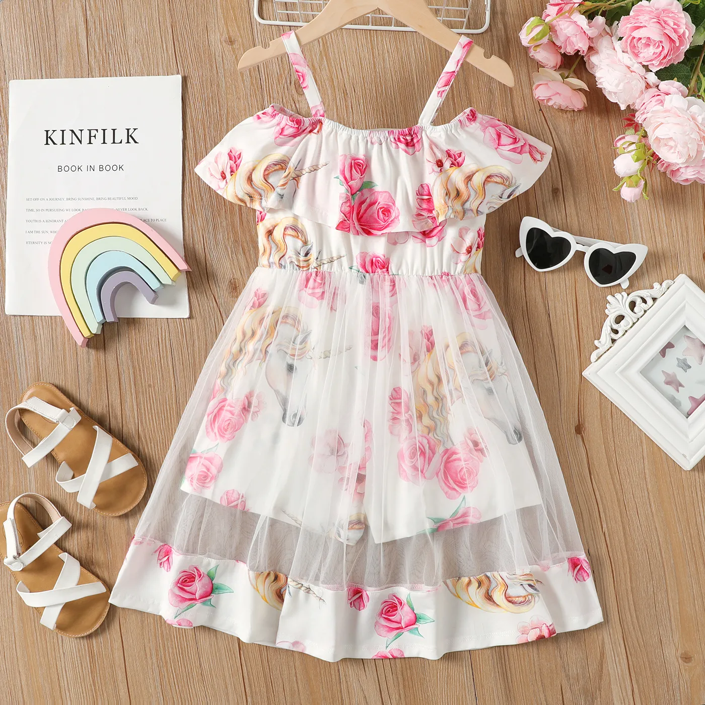 Kid Girl Naia Floral Print Ruffled Off-Shoulder Overlay Romper