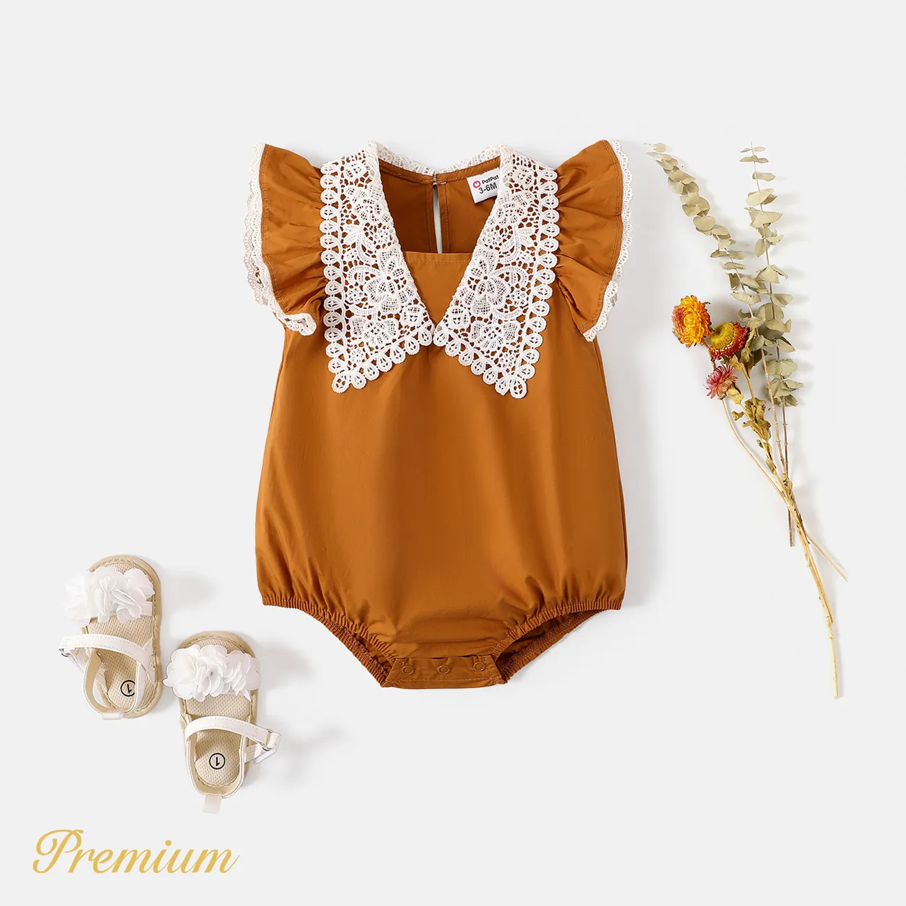 Baby Girl 100% Cotton Lace Collar Flutter-sleeve Romper Reddishbrown big image 1
