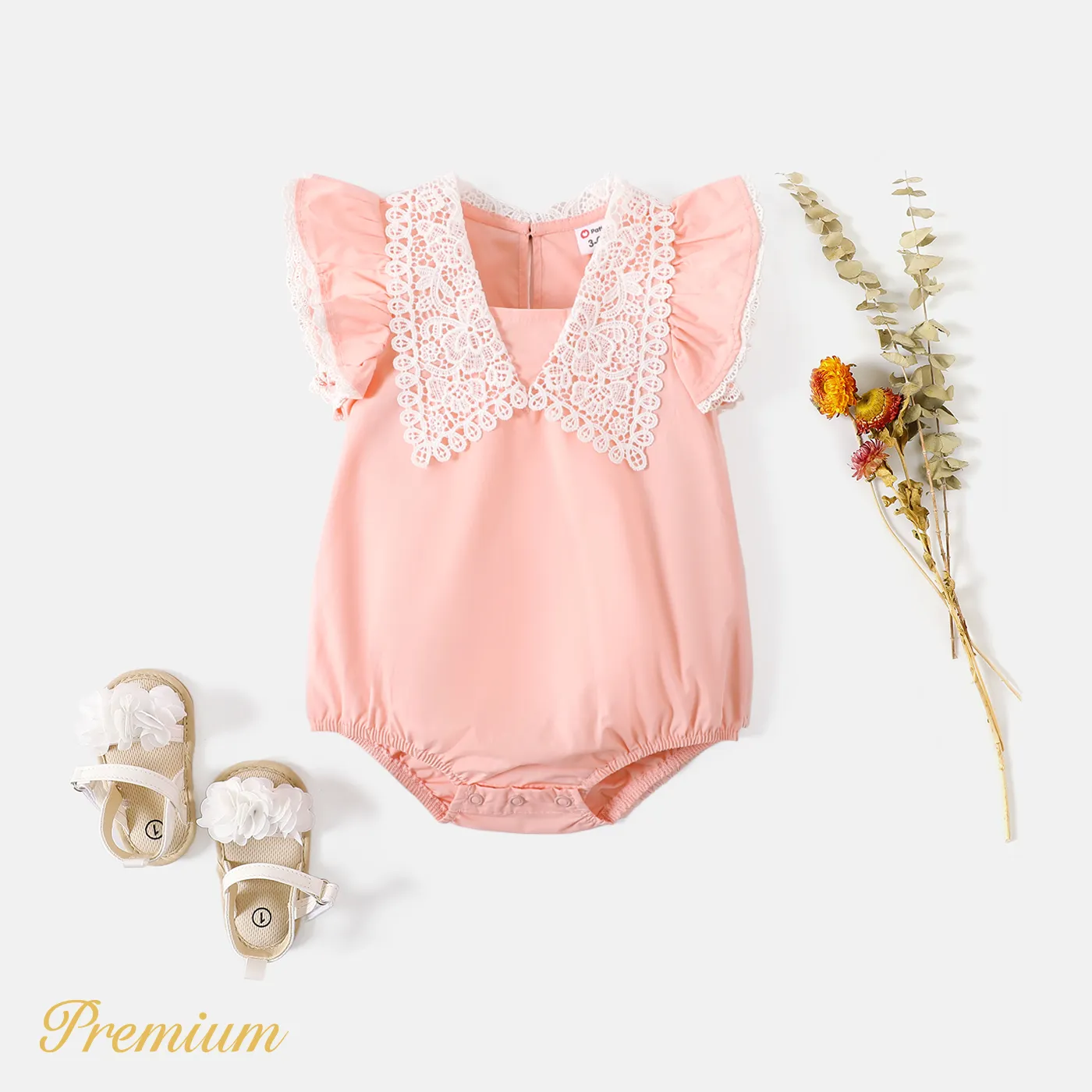Baby Girl 100% Cotton Lace Collar Flutter-sleeve Romper Pink