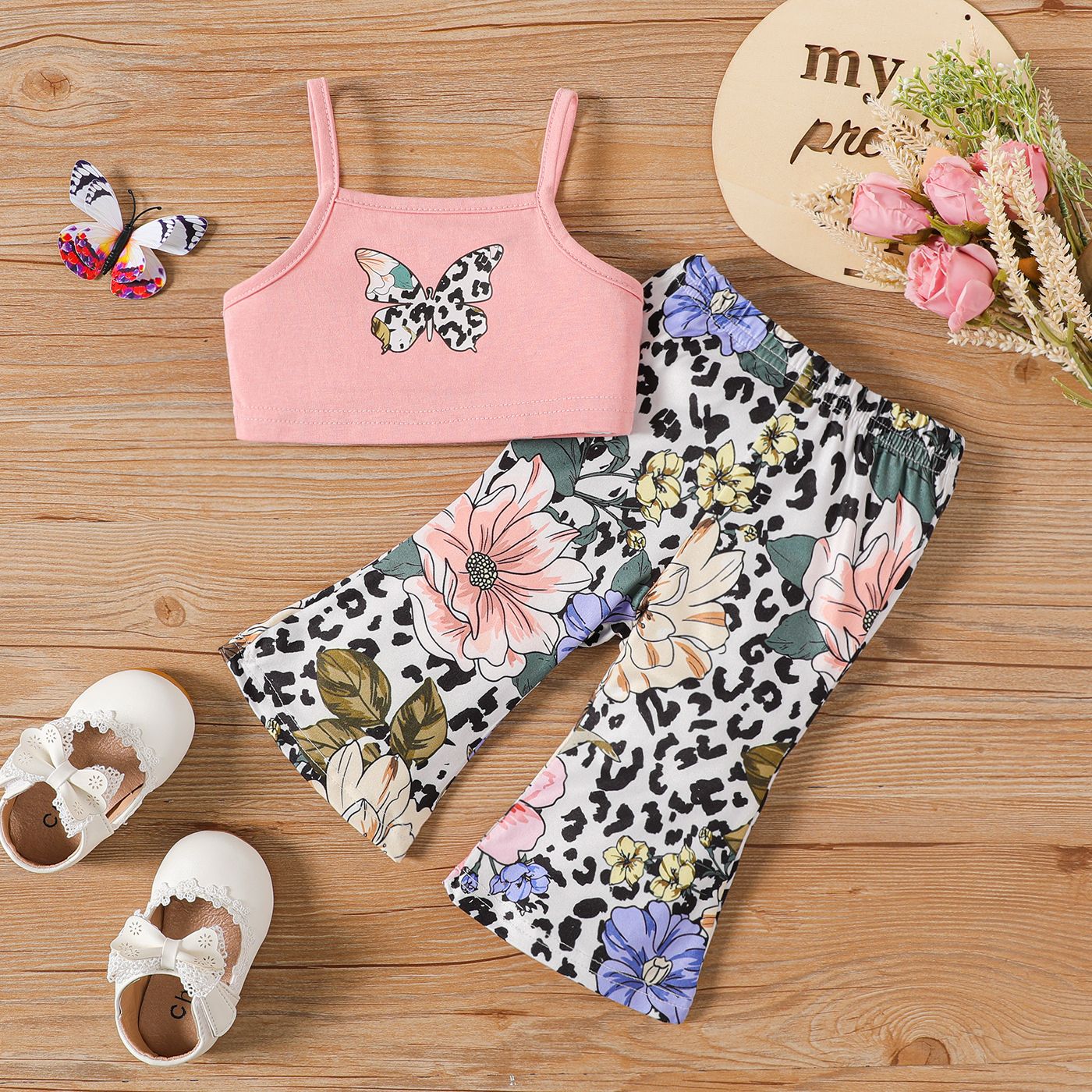 2pcs Baby Girl Butterfly Print Camisole Et Floral Print Pants Set