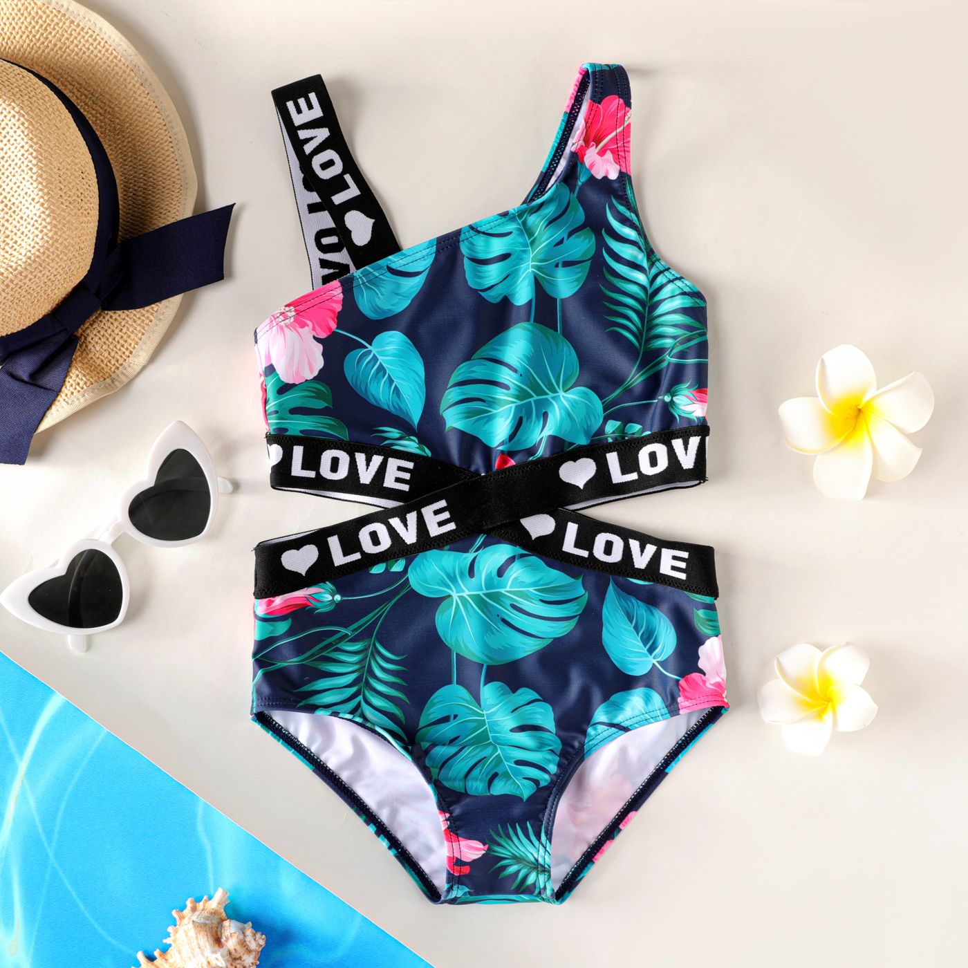 

Kid Girl Plant & Letter Print Criss Cross One Piece Swimsuit