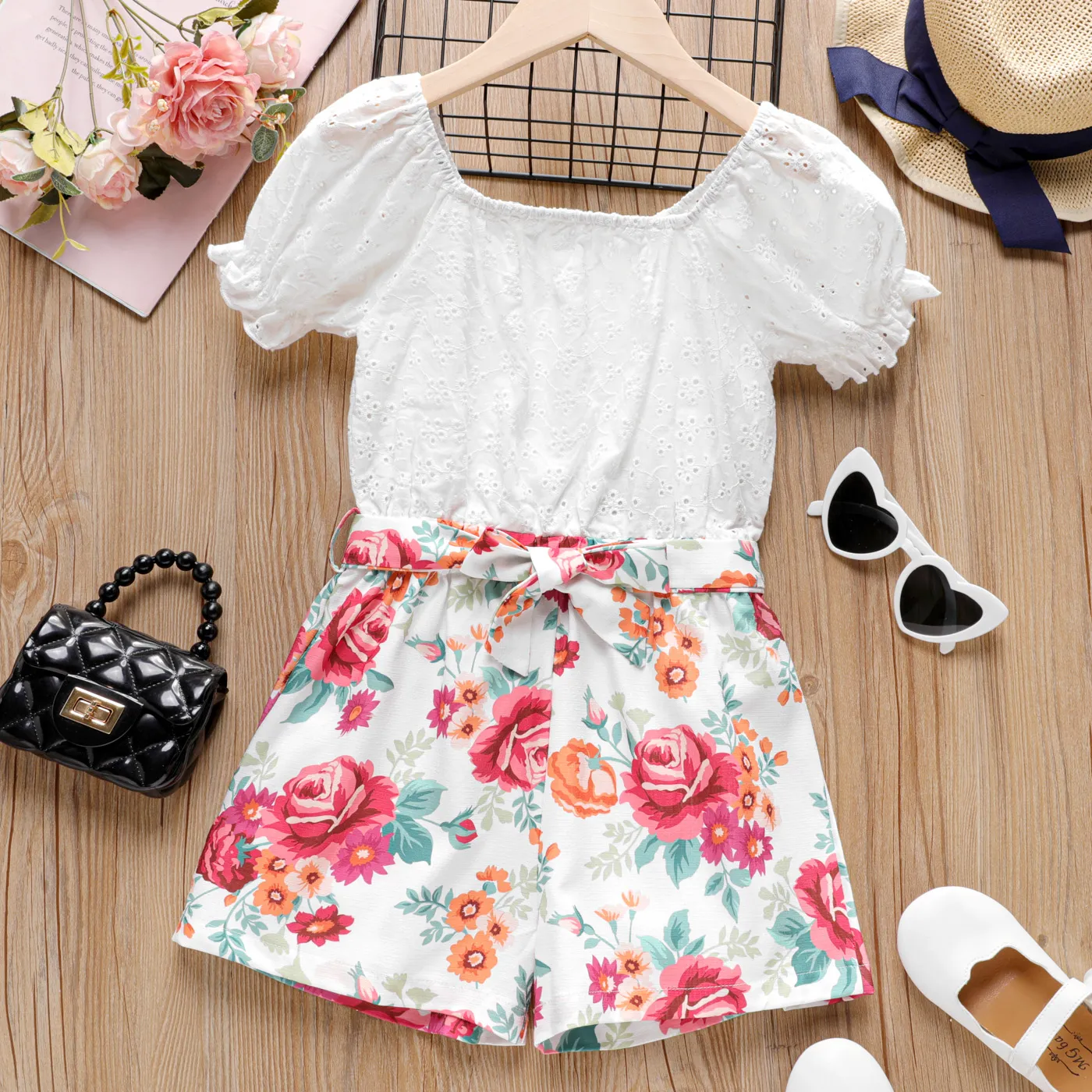 Kid Girl Floral Panel Belted Schiffy Romper  big image 1