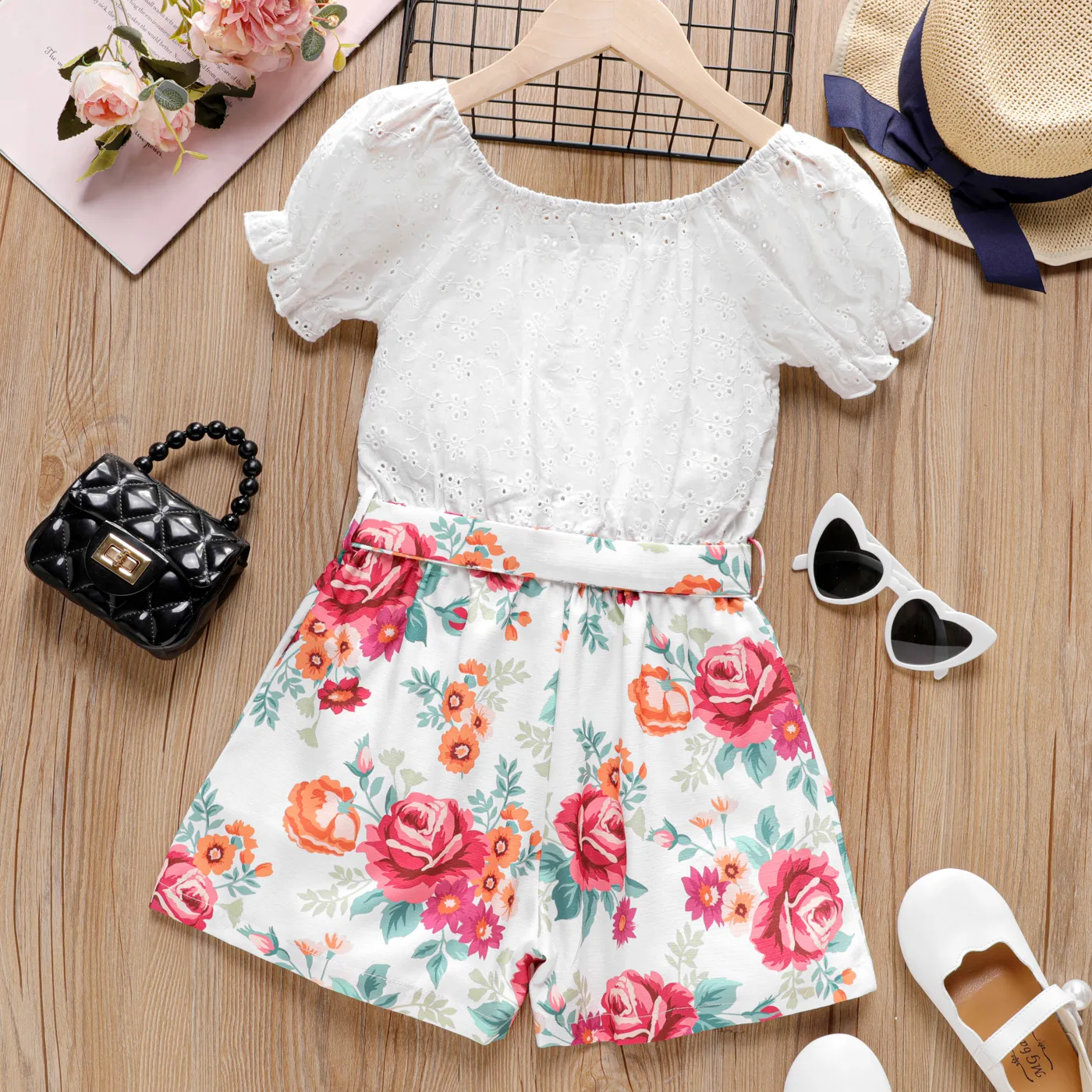 Kid Girl Floral Panel Belted Schiffy Romper  image 2