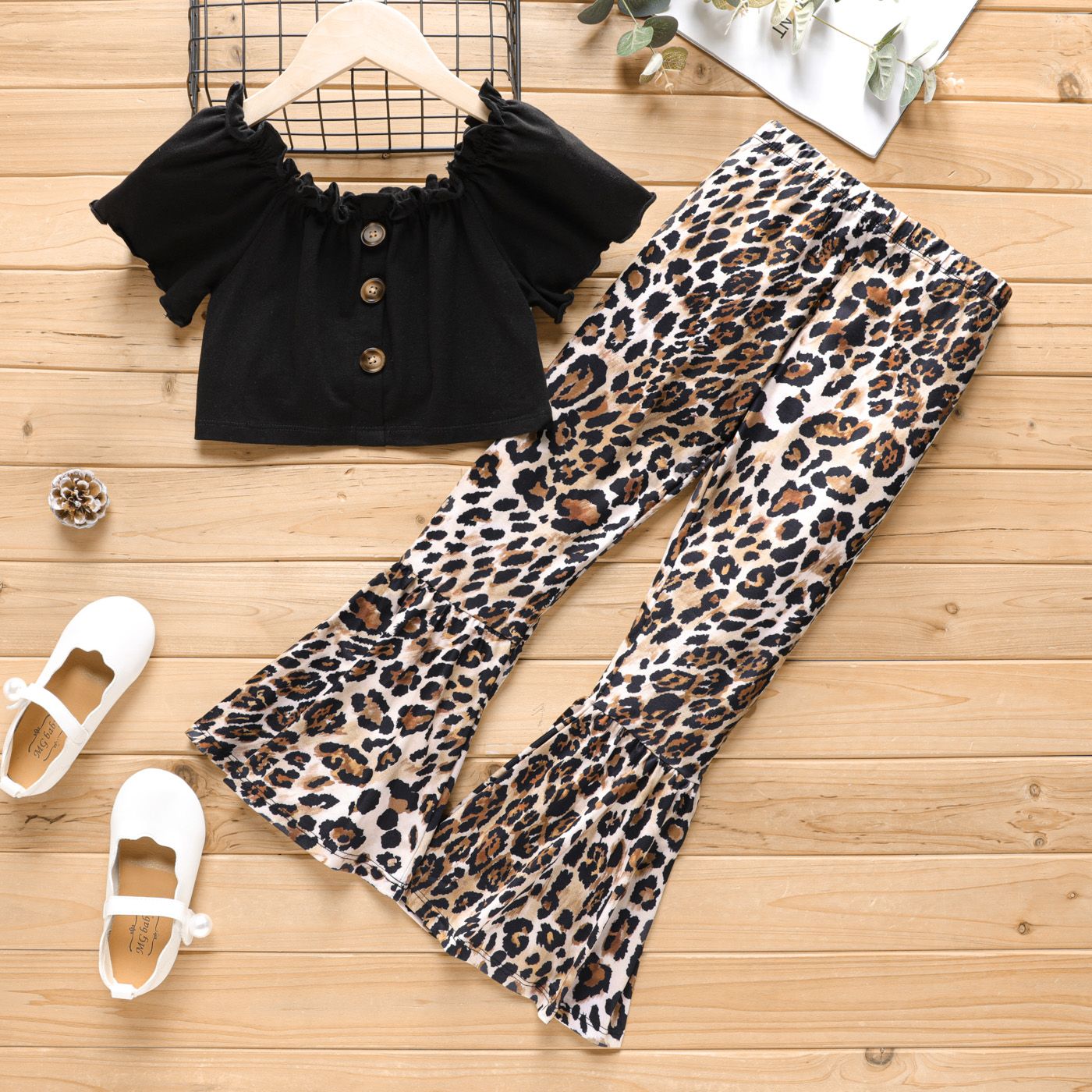 2Pcs Kid Girl Naia Button Up Cotton Crop Top & Leopard Flared Pants Set