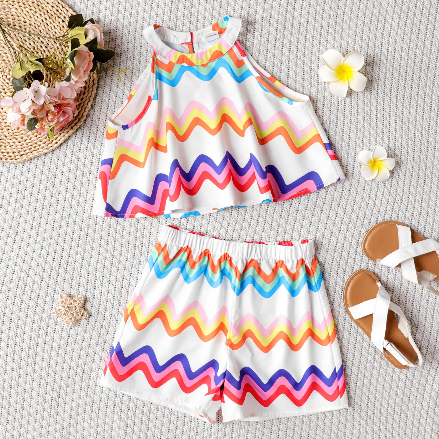 2pcs Kid Girl Colorful Stripe Halter Top and Shorts Set COLOREDSTRIPES big image 1