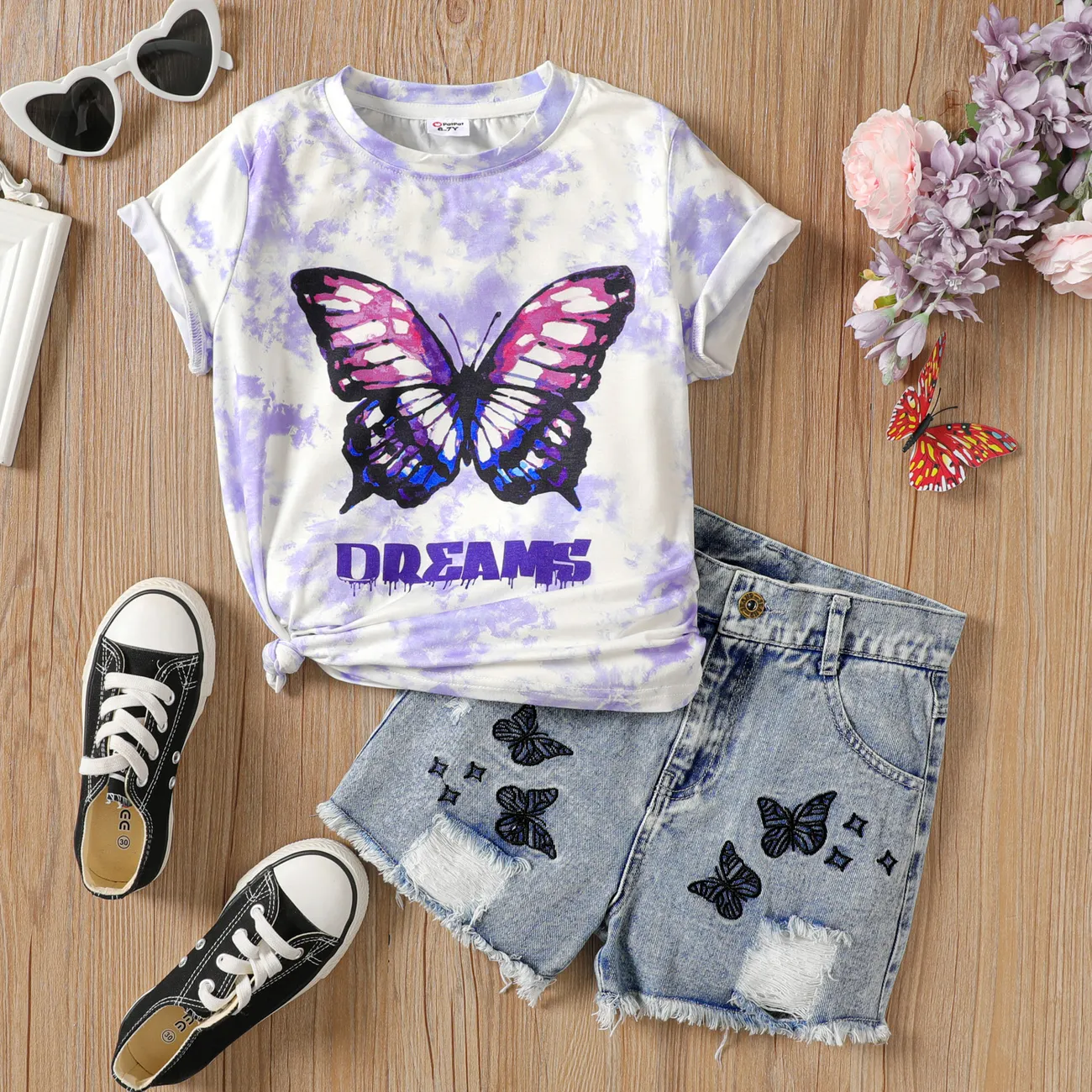 2Pcs Kid Girl Naia Butterfly Print Short-sleeve Tee & Ripped Denim Shorts Set Purple big image 1