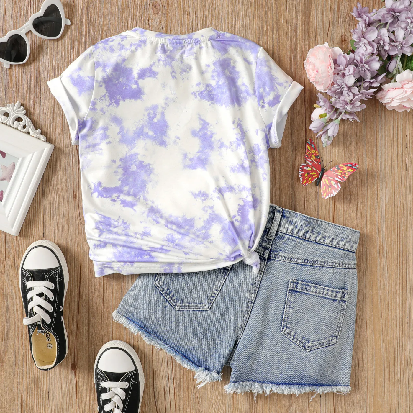 2Pcs Kid Girl Naia Butterfly Print Short-sleeve Tee & Ripped Denim Shorts Set  image 2