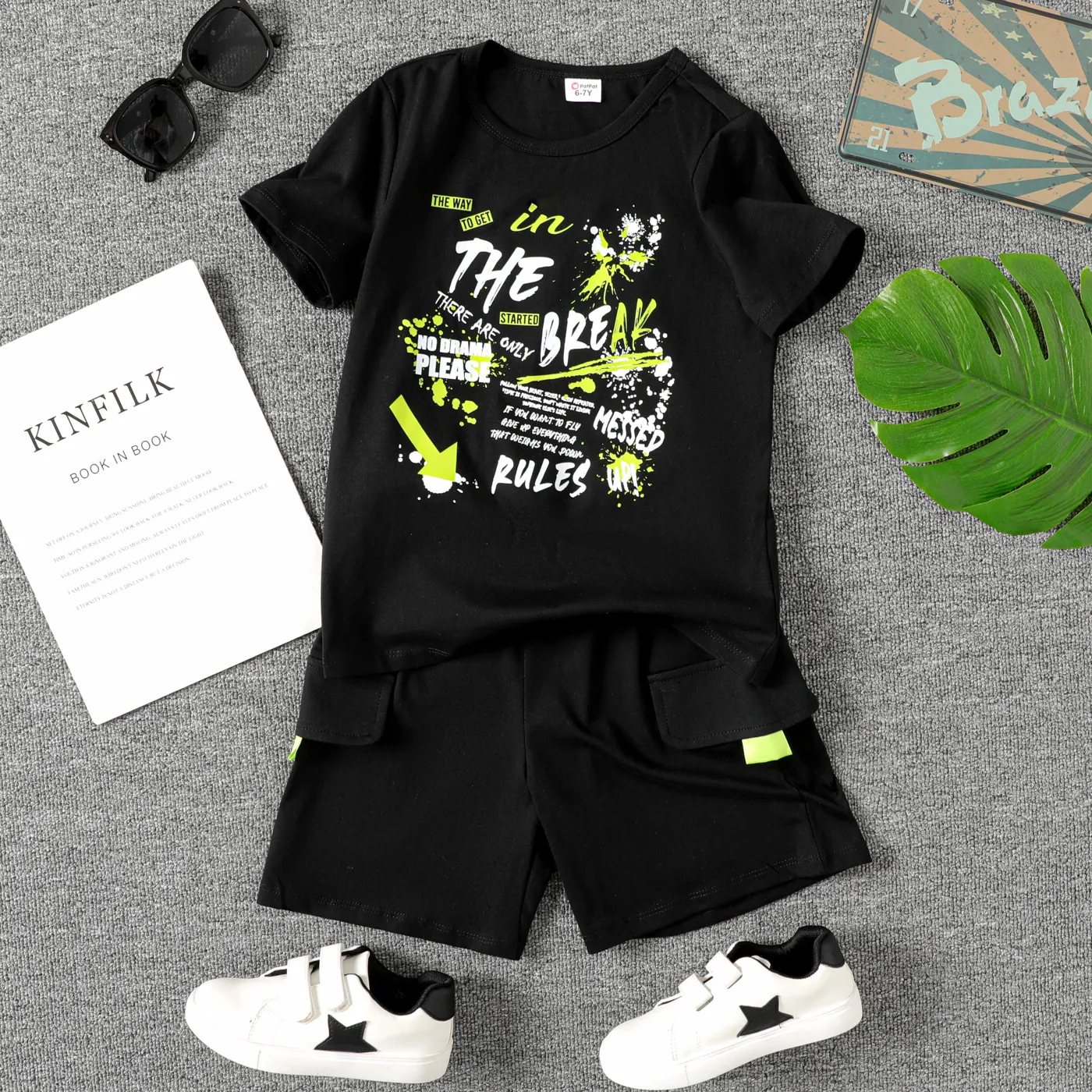 2pcs Kid Boy 100% Cotton Letter Print Black Short-sleeve Tee and Shorts Set  big image 1