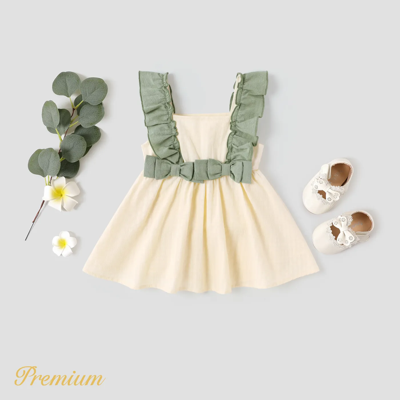 Baby Girl 100% Cotton Contrast Ruffle Trim Bow Front Sleeveless Dress