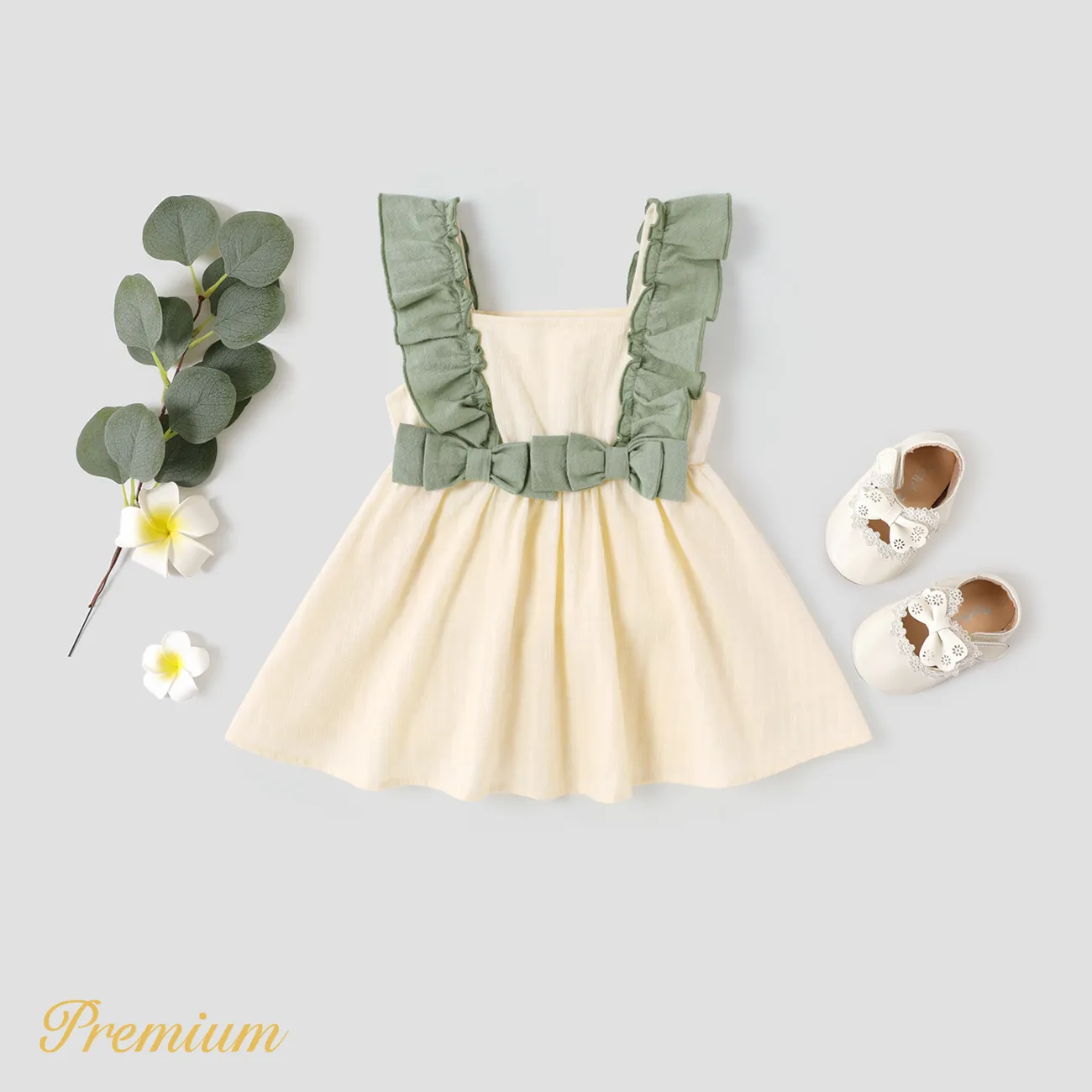 Baby Girl 100% Cotton Contrast Ruffle Trim Bow Front Sleeveless Dress Green big image 1