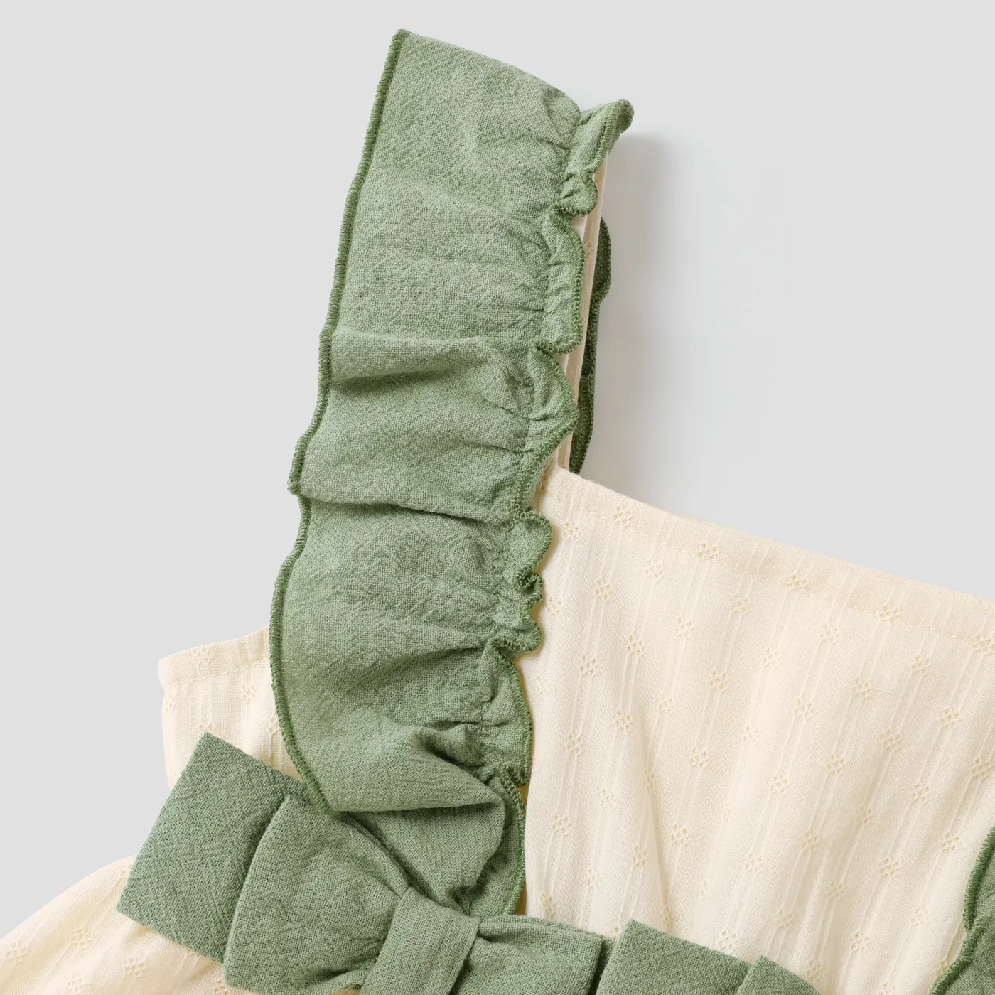 Baby Girl 100% Cotton Contrast Ruffle Trim Bow Front Sleeveless Dress Green image 3