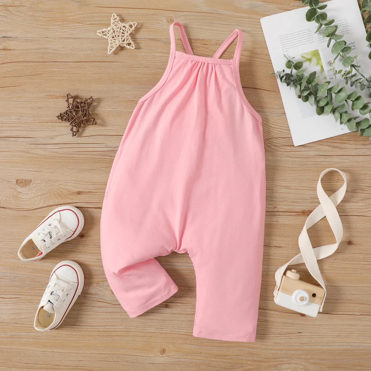 Toddler Girl Solid Color Cotton Sleeveless Jumpsuit Pink big image 1