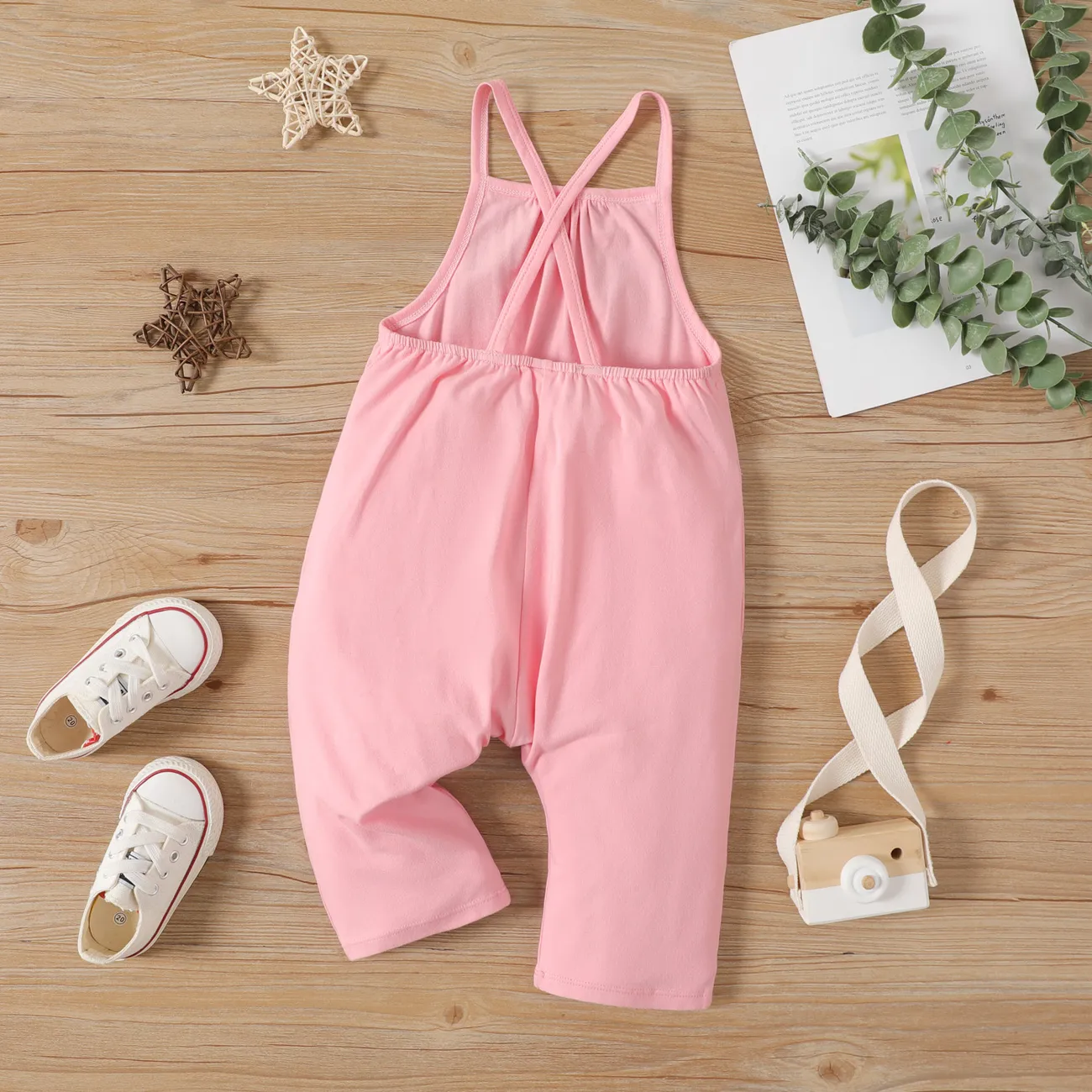 Toddler Girl Solid Color Cotton Sleeveless Jumpsuit Pink big image 1