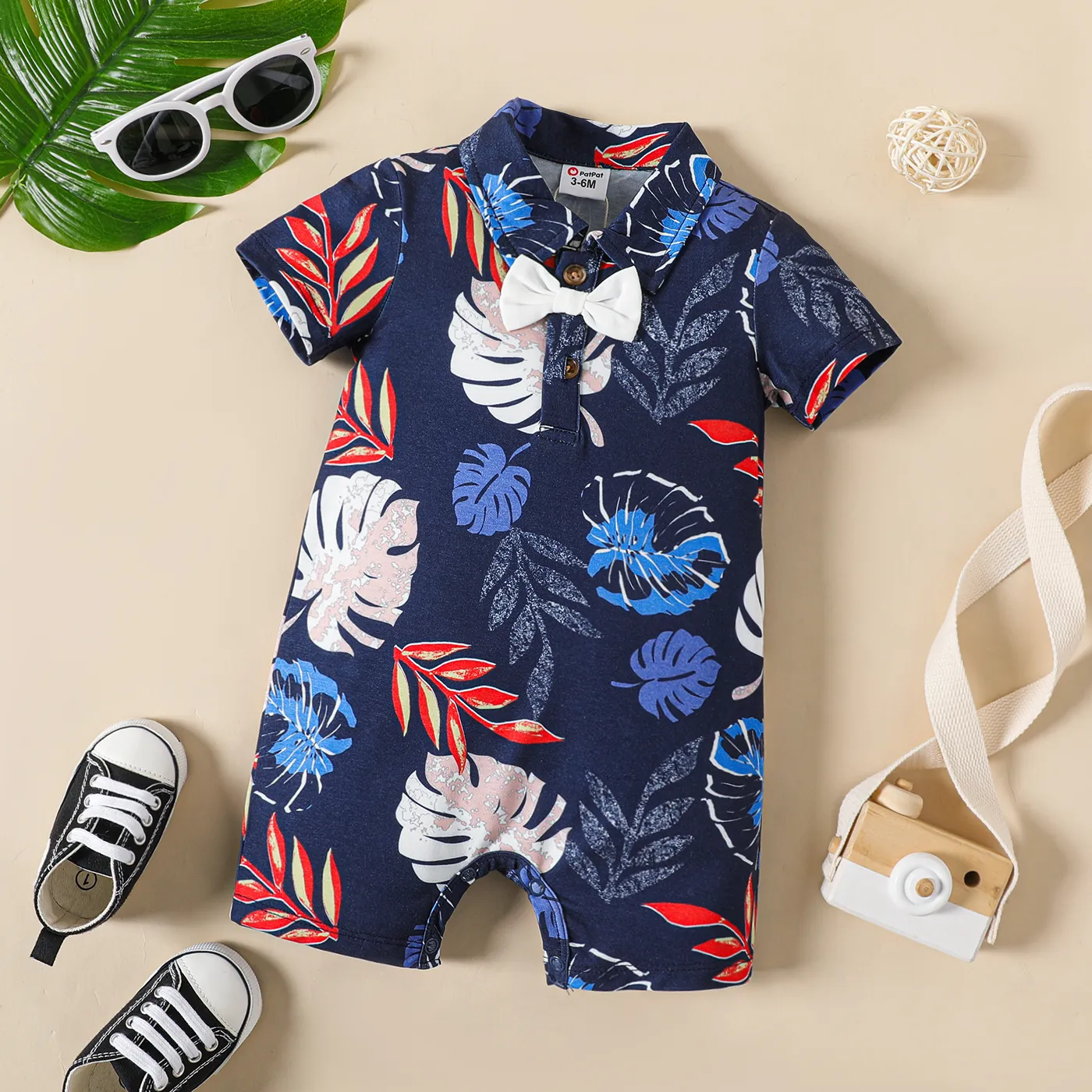 Baby Boy Bow Tie Decor Allover Palm Leaf Print Short-sleeve Naia™ Romper DeepBlue big image 1