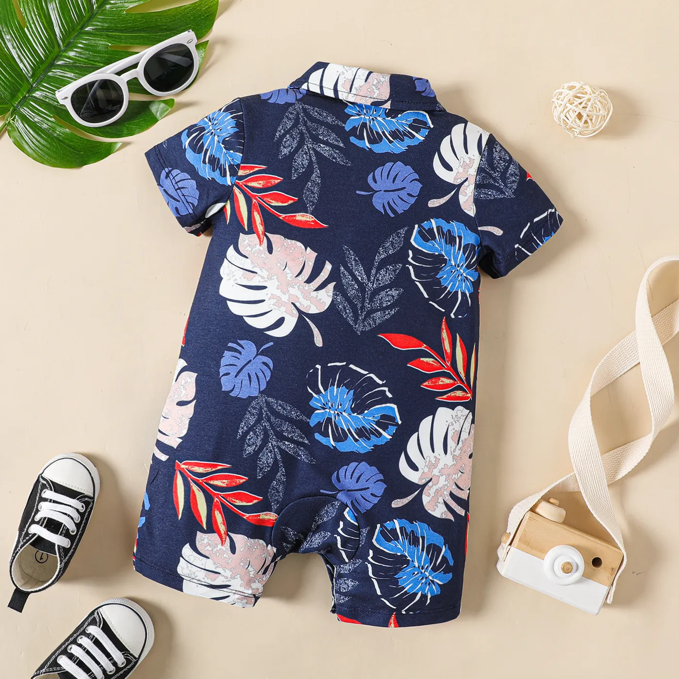 Baby Boy Bow Tie Decor Allover Palm Leaf Print Short-sleeve Naia™ Romper DeepBlue image 2