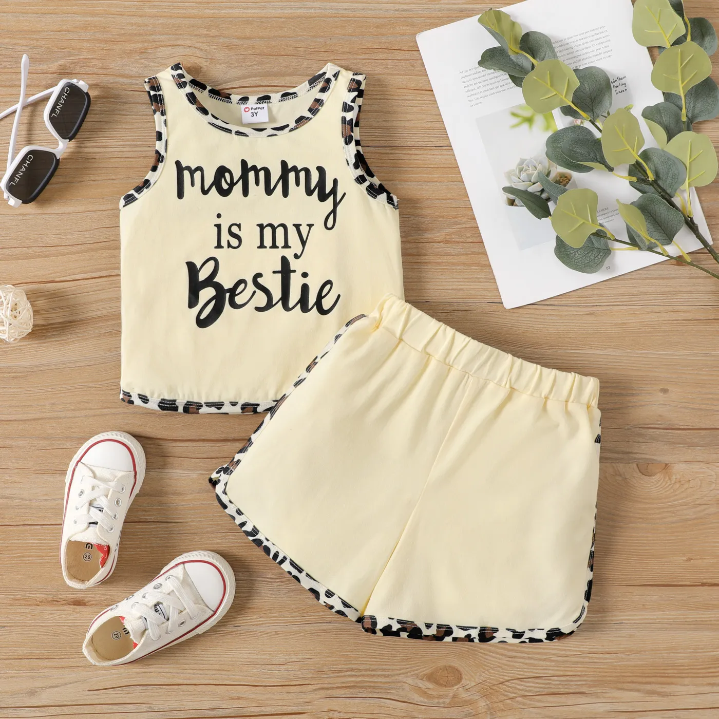 2pcs Toddler Girl Letter Leopard Print Tank Top and Elasticized Shorts Set BlanchedAlmond