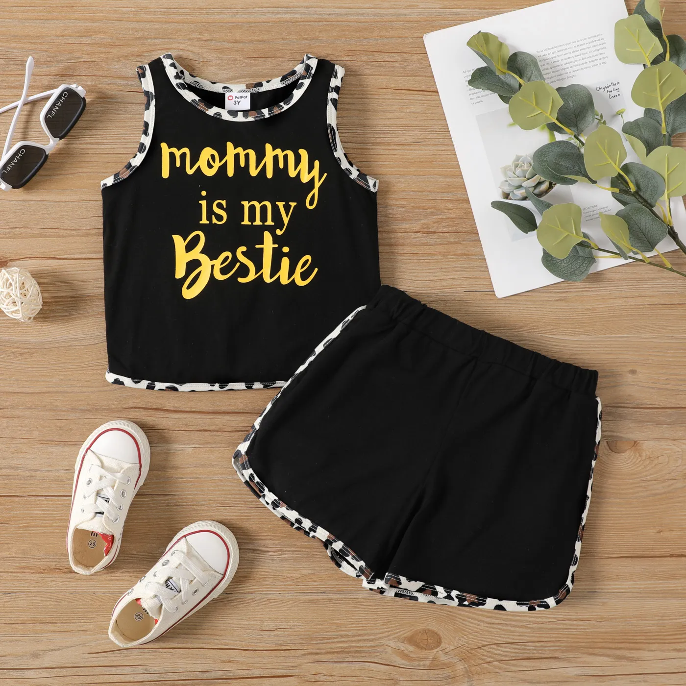 2pcs Toddler Girl Letter Leopard Print Tank Top and Elasticized Shorts Set  big image 1