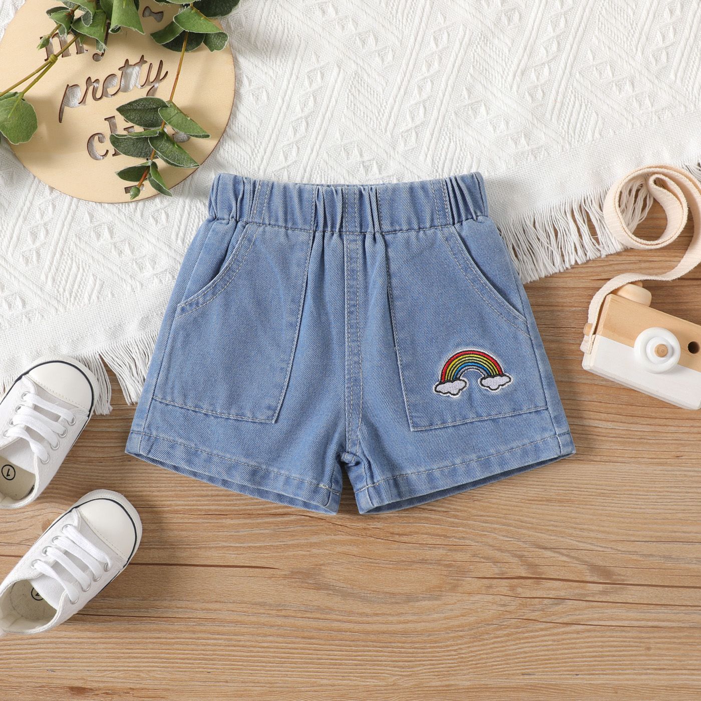 

Baby Boy/Girl Rainbow Embroidered Blue Denim Shorts