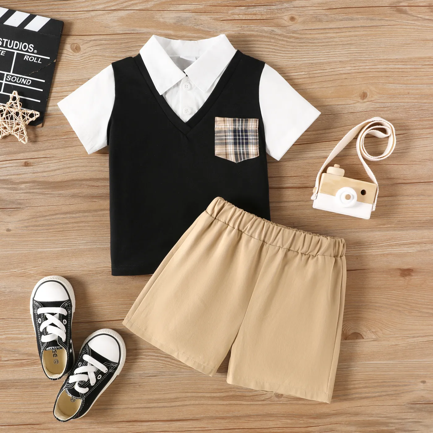 

2pcs Toddler Boy 100% Cotton Preppy Style Plaid Patch Pocket Colorblock Shirt and Shorts Set