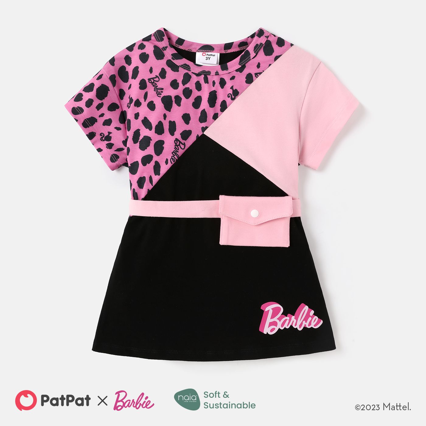 Barbie Toddler/Kid Girl Leopard/Colorblock Print Naiatm Short-sleeve Dress with Fanny Pack