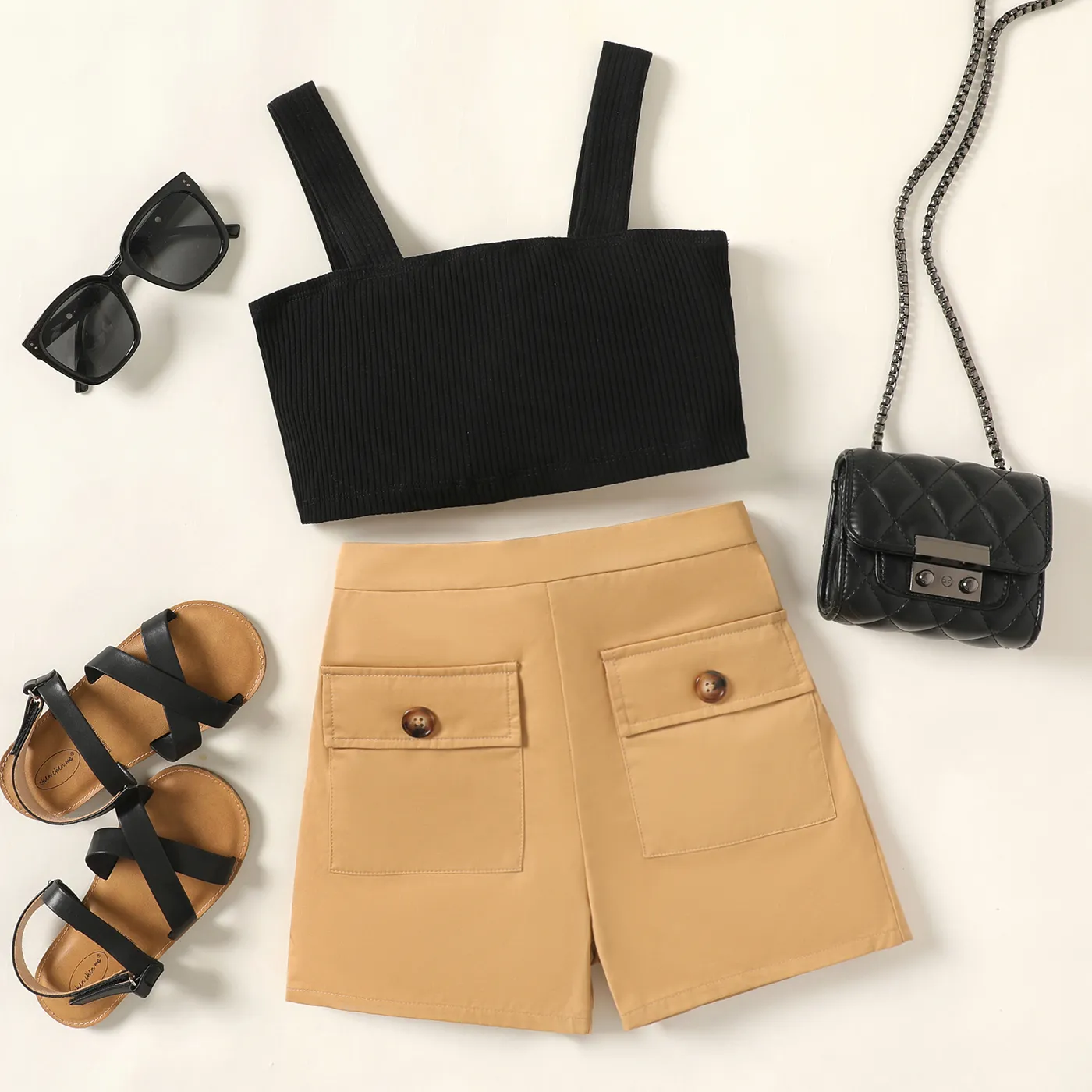 2pcs Kid Girl Cotton Black Ribbed Camisole and Pocket Design Shorts Set  big image 1