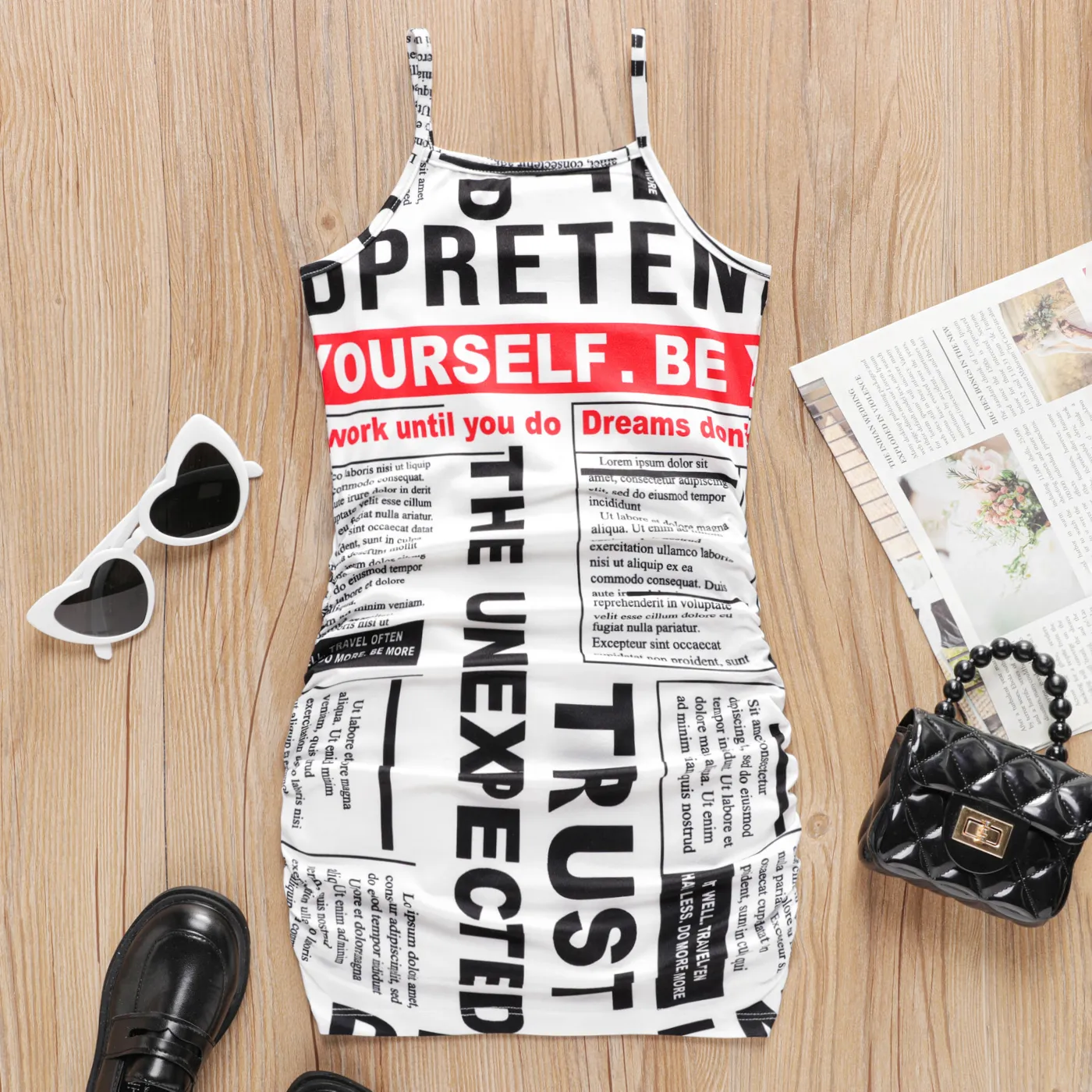 Eco-friendly RPET Fabric Kid Girl Letter Allover Print Slip Dress  big image 1