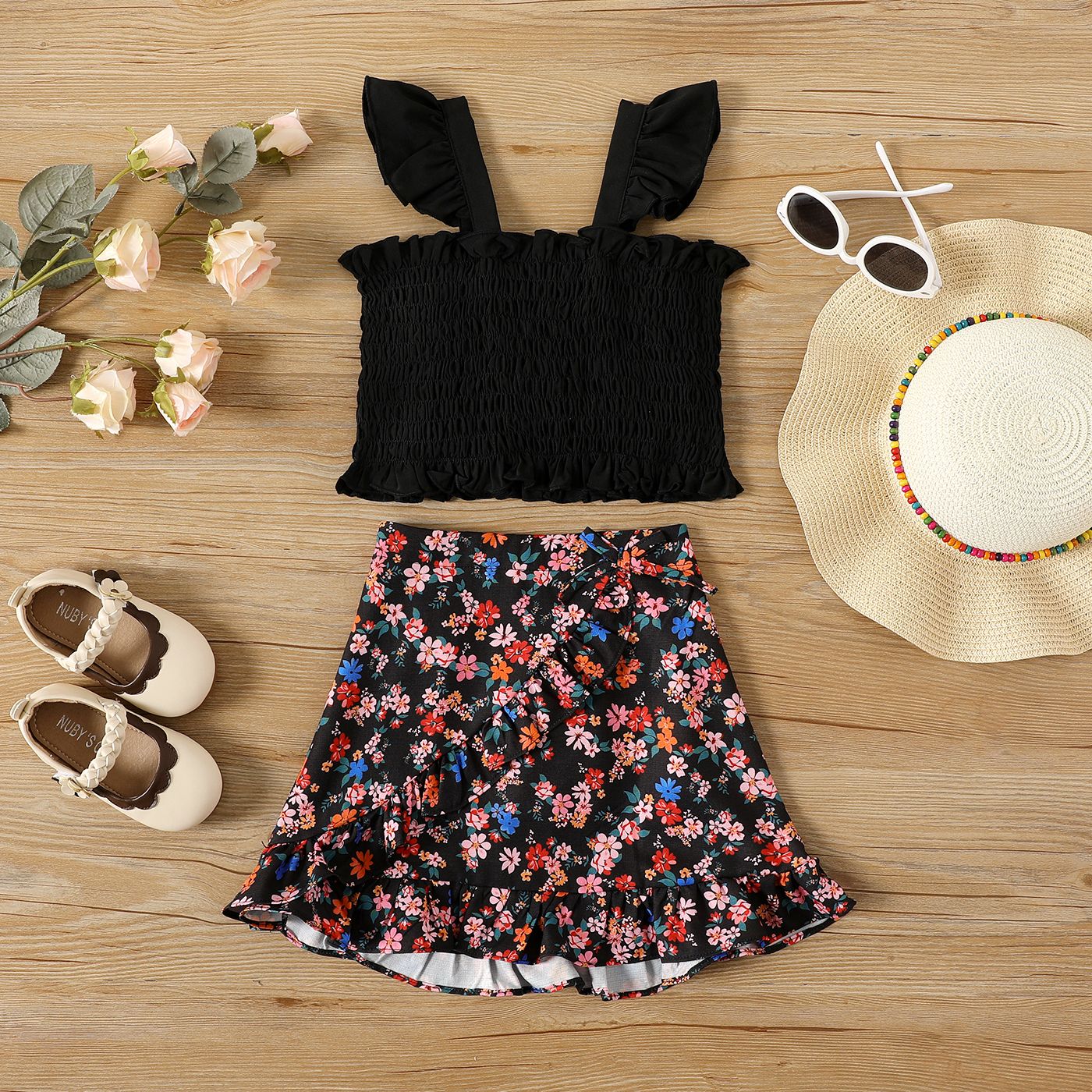 

2pcs Toddler Girl Flutter-sleeve Smocked Top and Floral Print Skirt Set