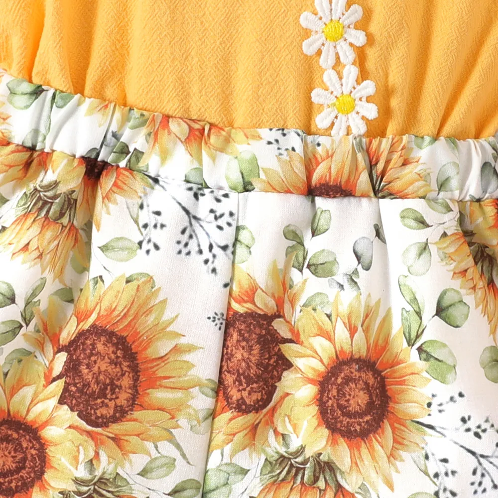 Baby Girl Floral Applique Design Sunflower Print & Solid Spliced Cami Romper big image 4