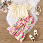 2pcs Toddler Girl Off-Shoulder Schiffy Top and Floral Print Flared Pants Set Colorful image 2