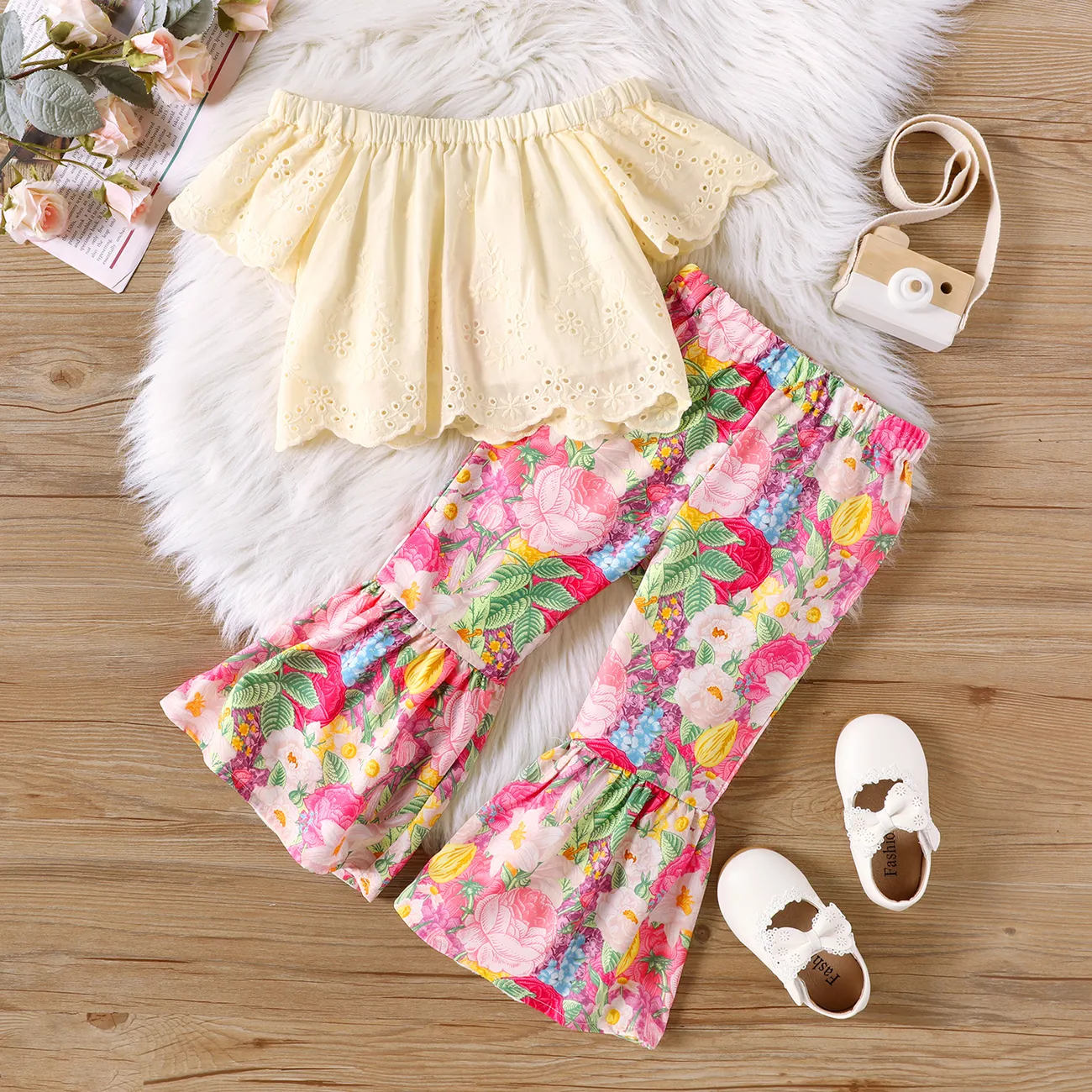 2pcs Toddler Girl Off-Shoulder Schiffy Top and Floral Print Flared Pants Set Colorful big image 1