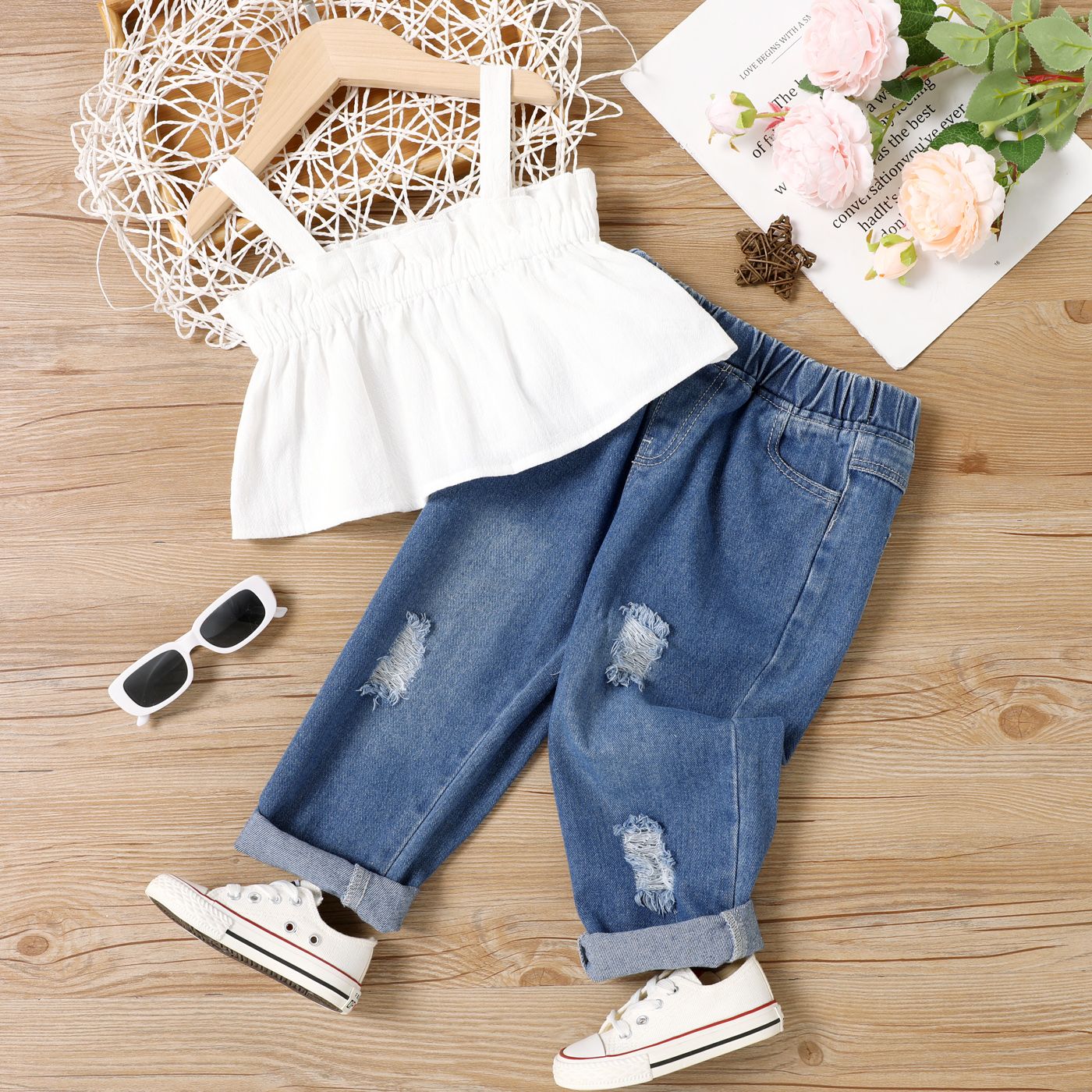 2pcs Toddler Girl 100% Cotton Ruffled Camisole and Ripped Denim  Jeans Set