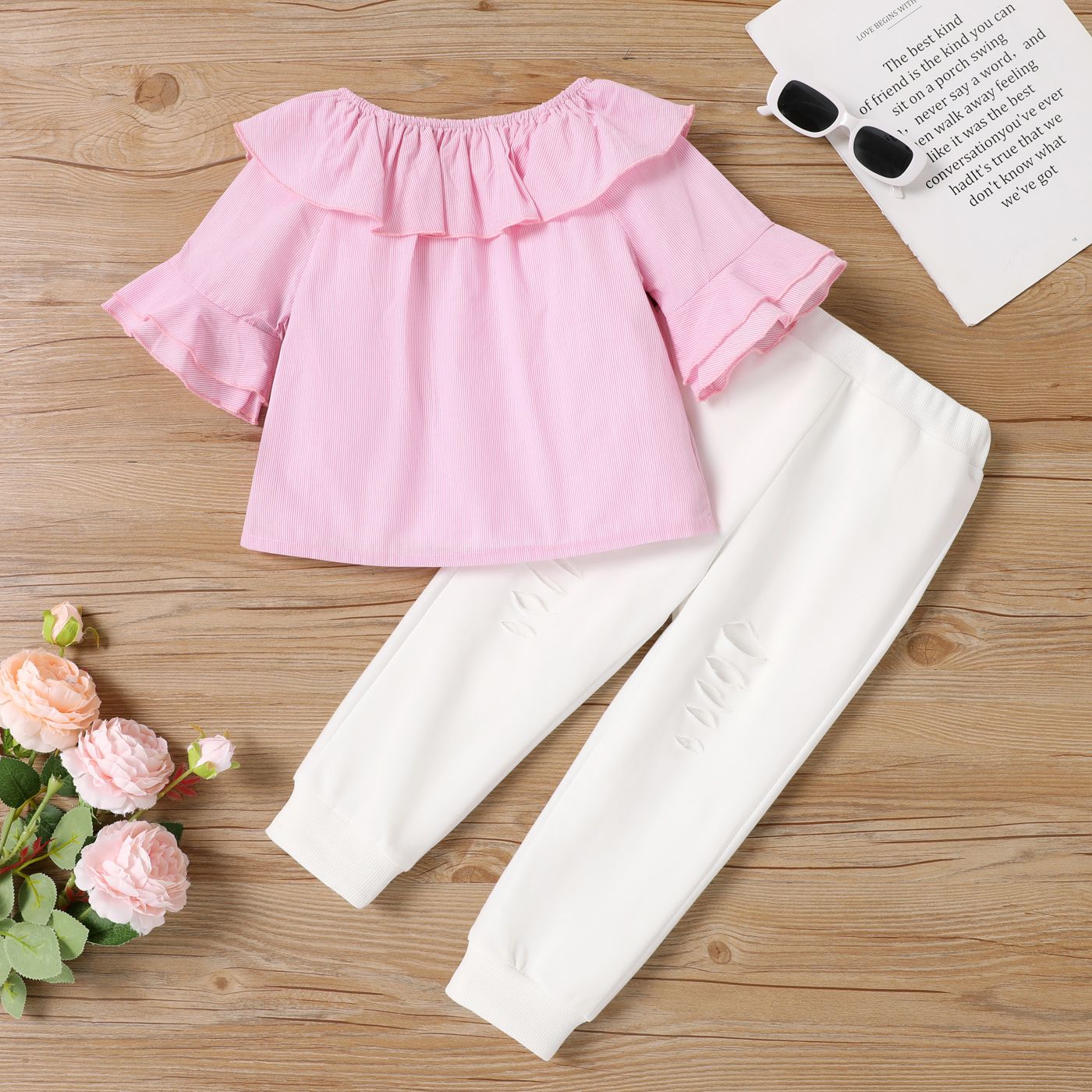 

2pcs Toddler Girl 100% Cotton Trendy Stripe Ruffled Top and Ripped Pants Set