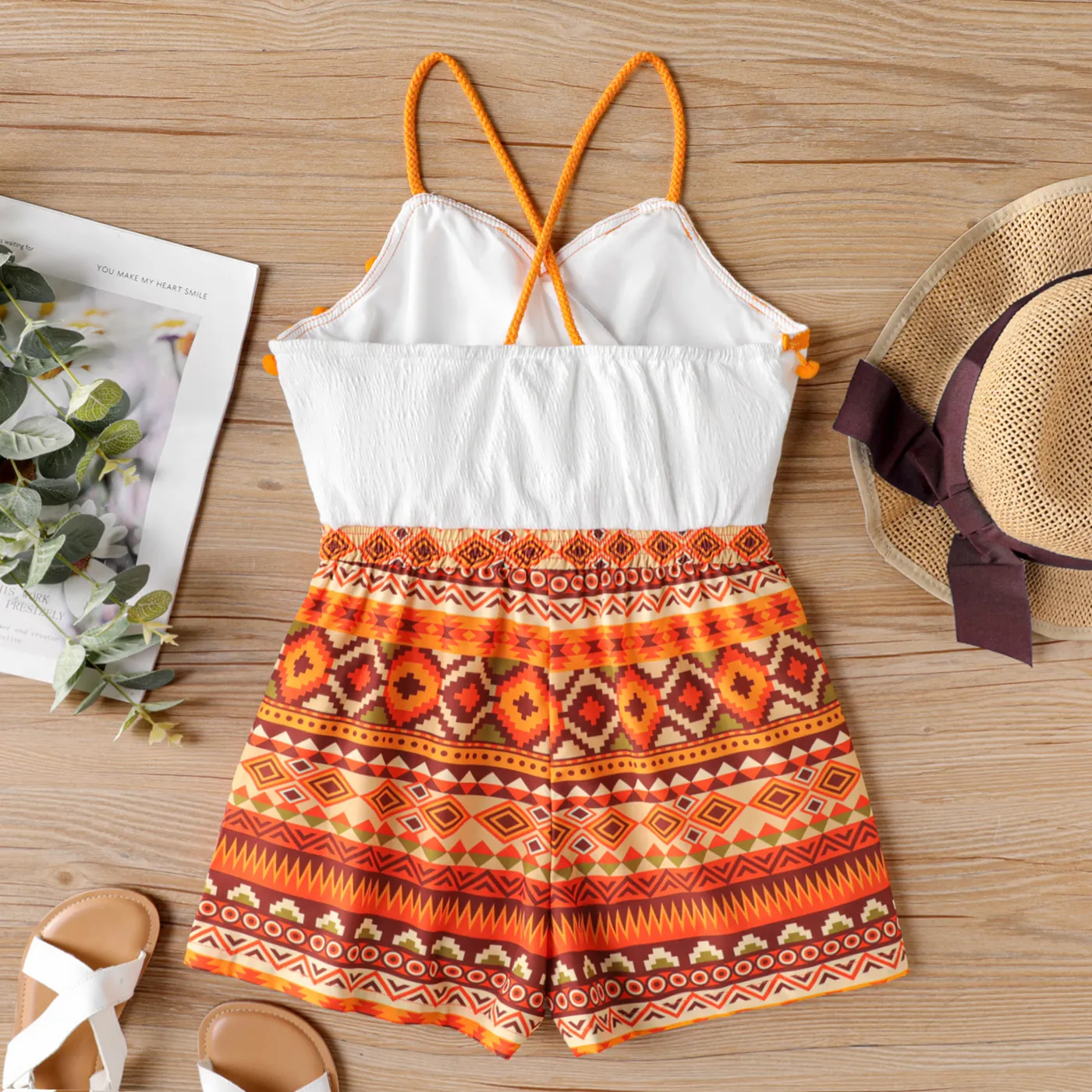 kid girl pom pom decor boho slip romper زاهى الألوان image 2