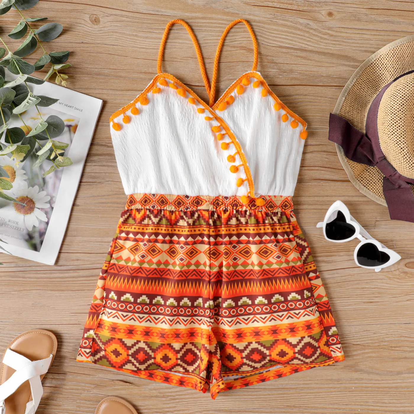 kid girl pom pom decor boho slip romper زاهى الألوان big image 1