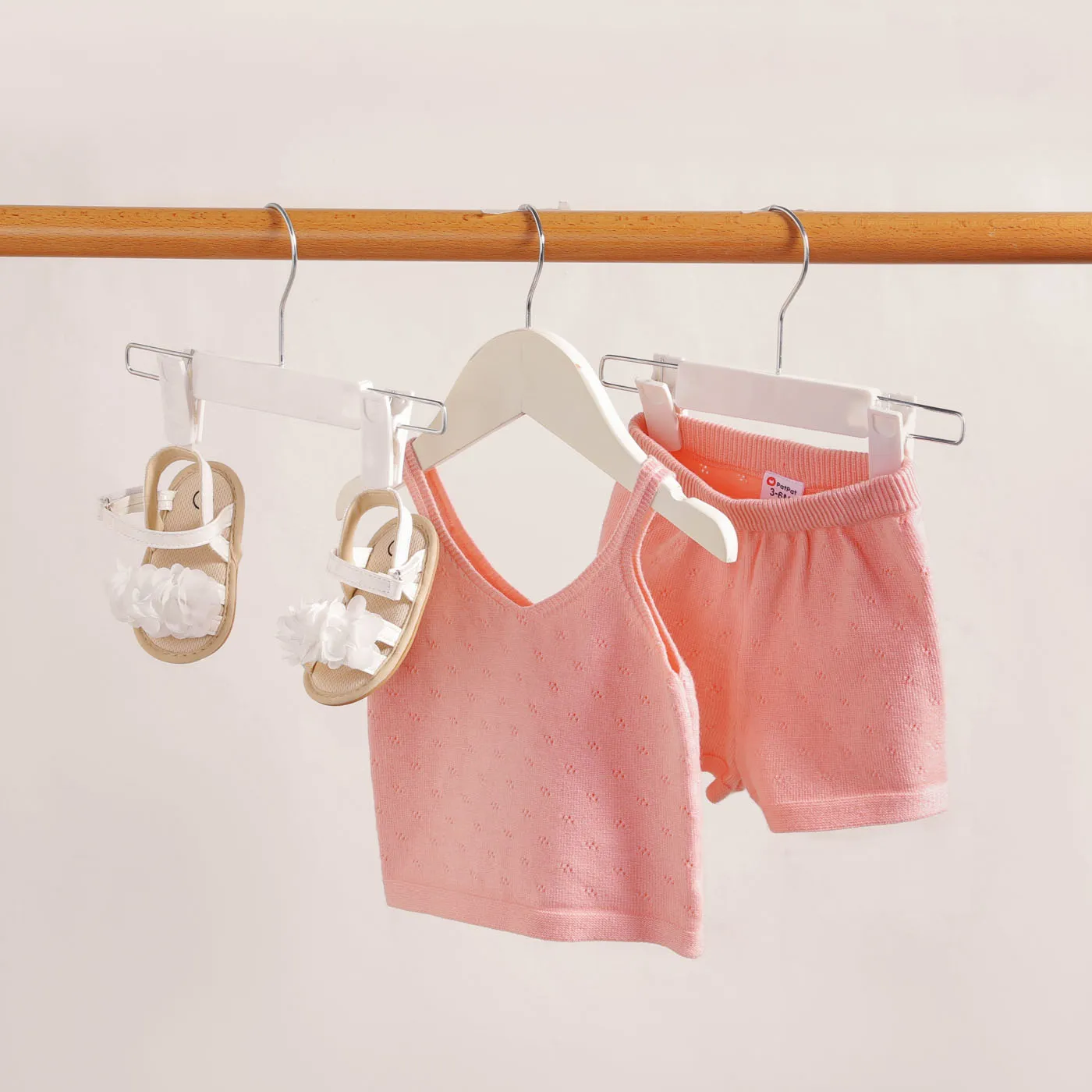 2pcs Baby Girl Pink Knitted Cami Top & Shorts Set