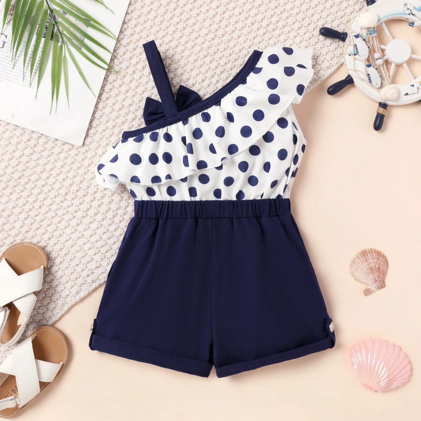 Toddler Girl Naia Polka Dots Panel Bow Front Ruffled Sleeveless Romper Dark Blue/white image 2