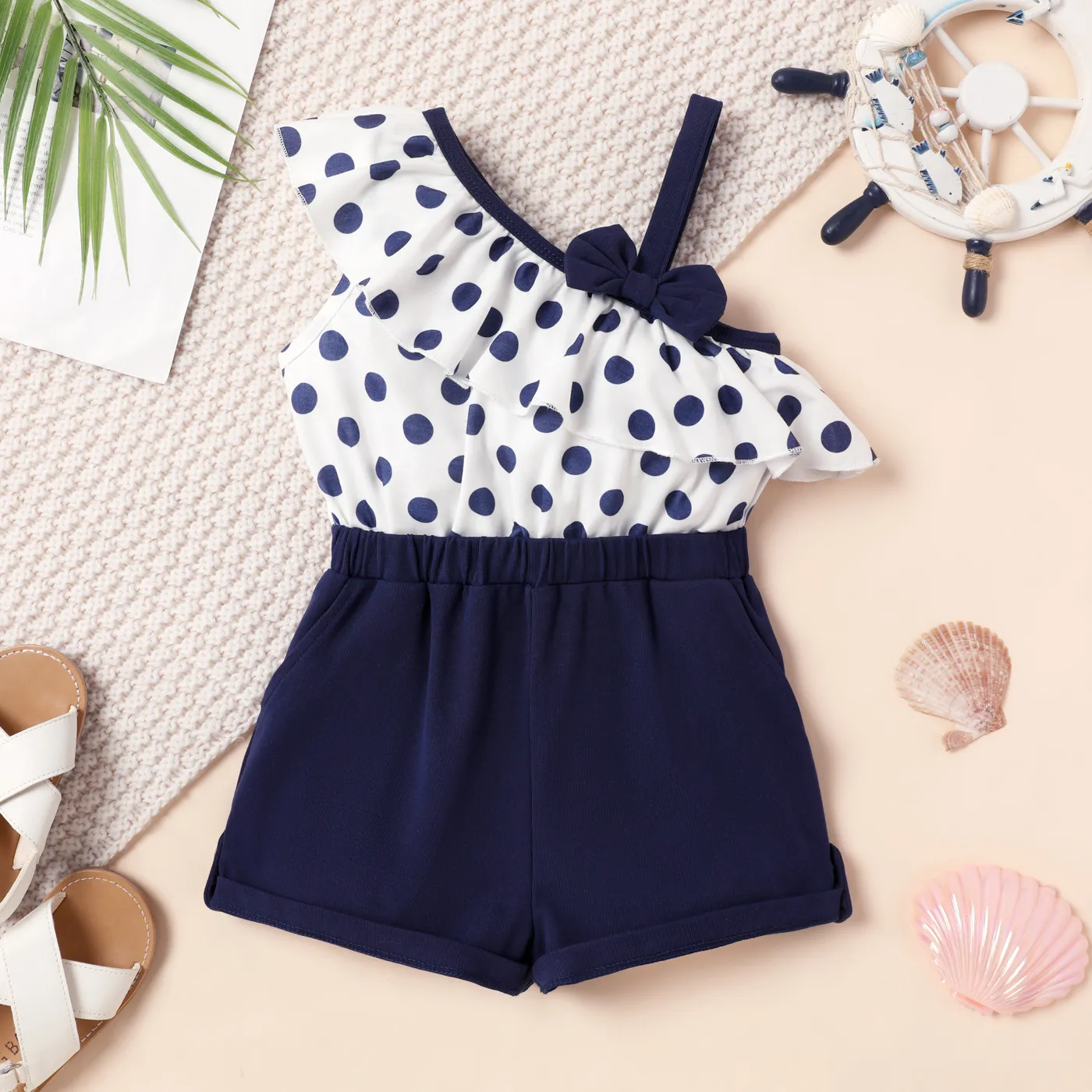Toddler Girl Naia Polka Dots Panel Bow Front Ruffled Sleeveless Romper Dark Blue/white big image 1