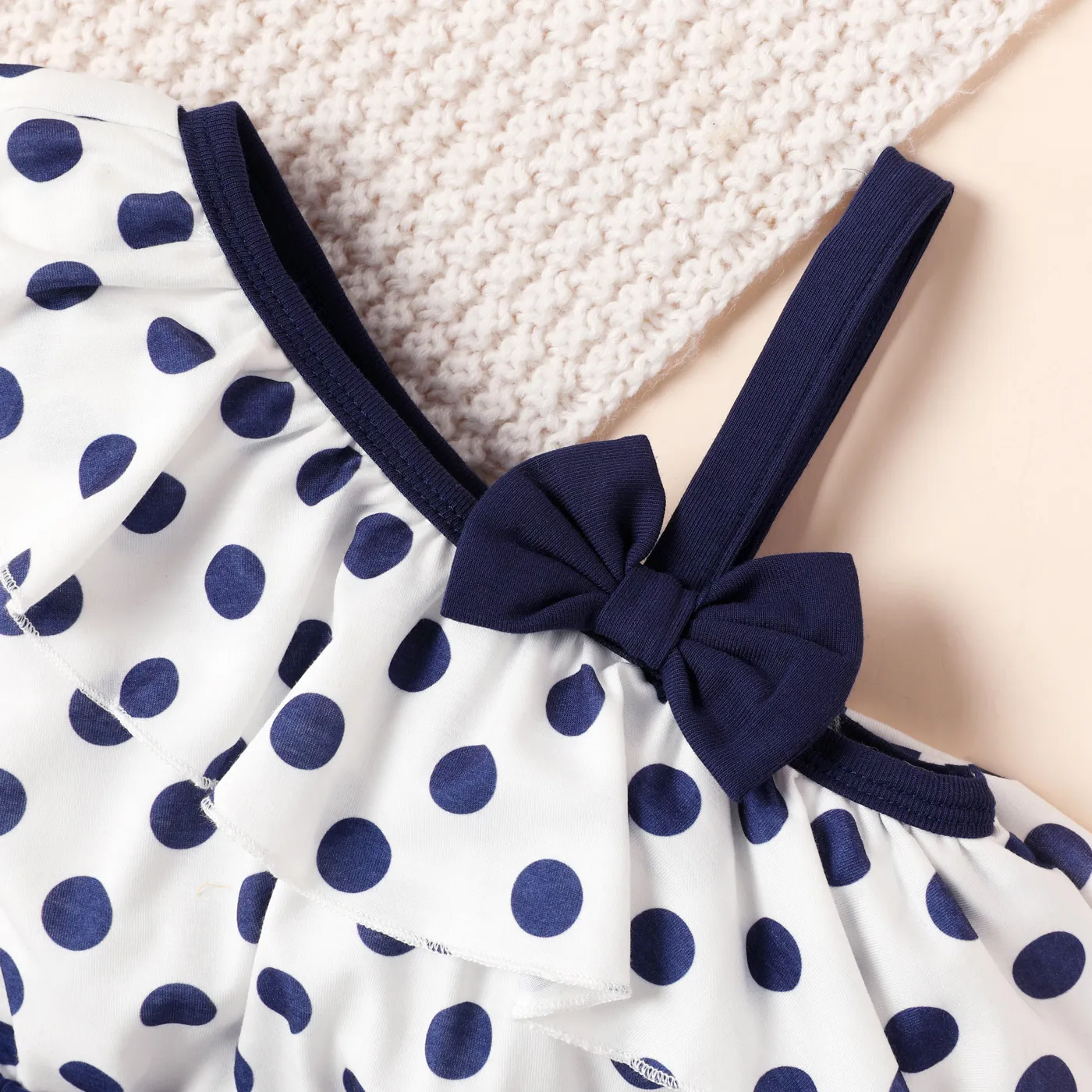 Toddler Girl Naia Polka Dots Panel Bow Front Ruffled Sleeveless Romper Dark Blue/white image 3
