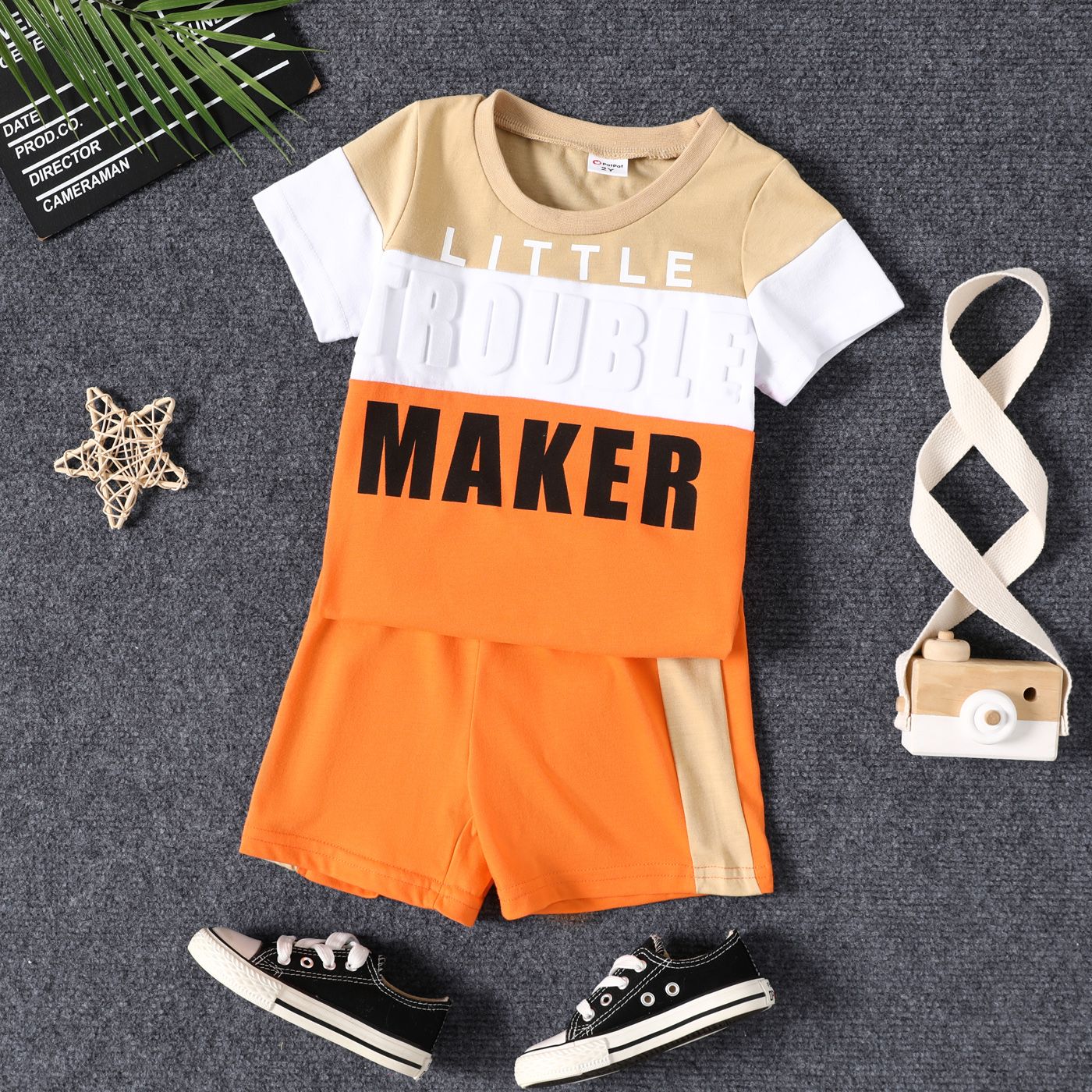 

2Pcs Toddler Boy Trendy Letter Print Colorblock Short-sleeve Tee and Shorts Set