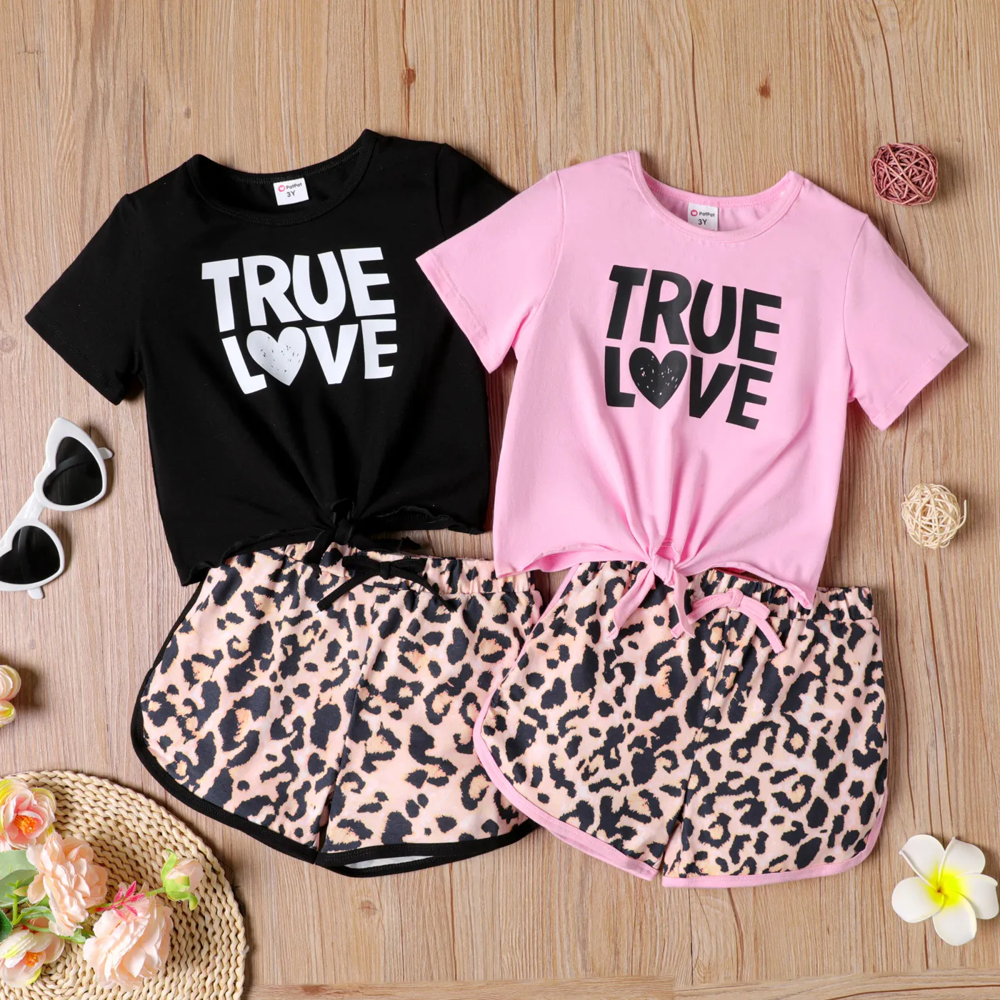 2pcs Toddler Girl Naia Letter Print Tie Knot Tee and Leopard Print Shorts Set Pink image 2
