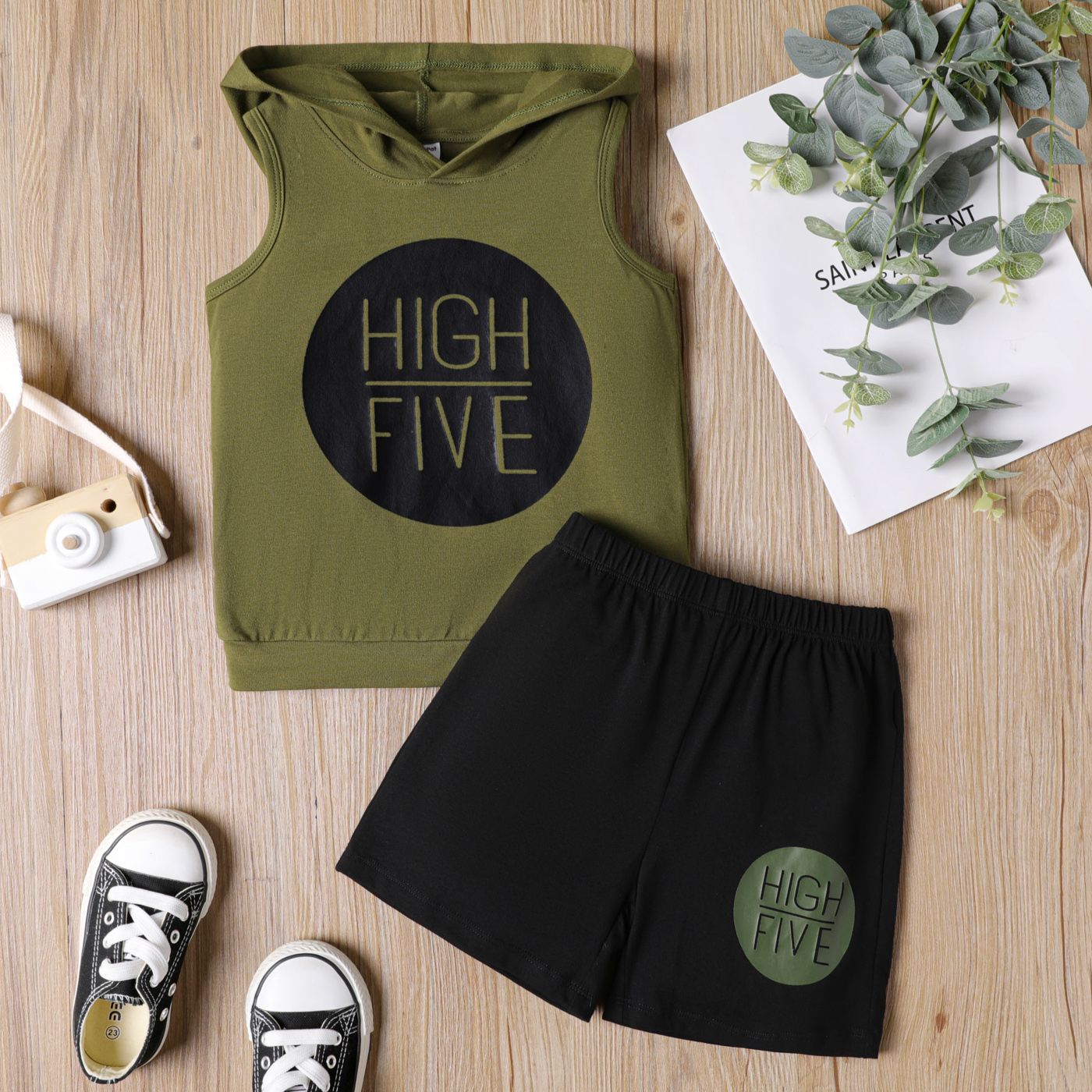 

2pcs Toddler Boy Letter Print Cotton Sleeveless Hooded Tee and Shorts Set